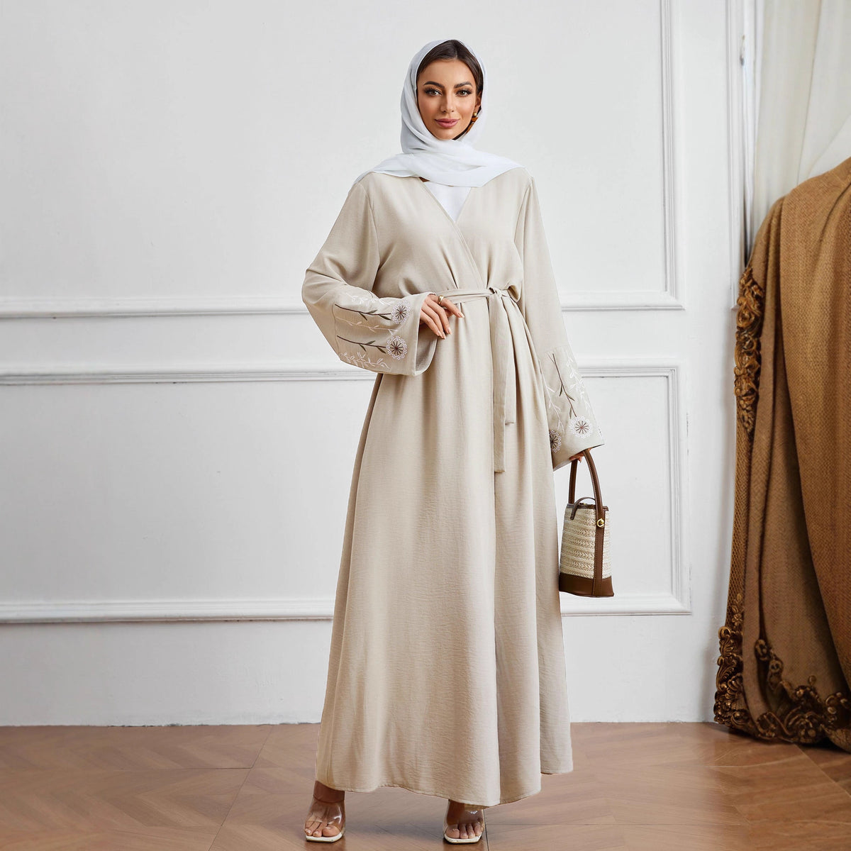Elegant Floral Embroidered Sleeve Open Front Abaya Cardigan with Tie Belt Modest Long Maxi Robe for Muslim Women Eid Ramadan