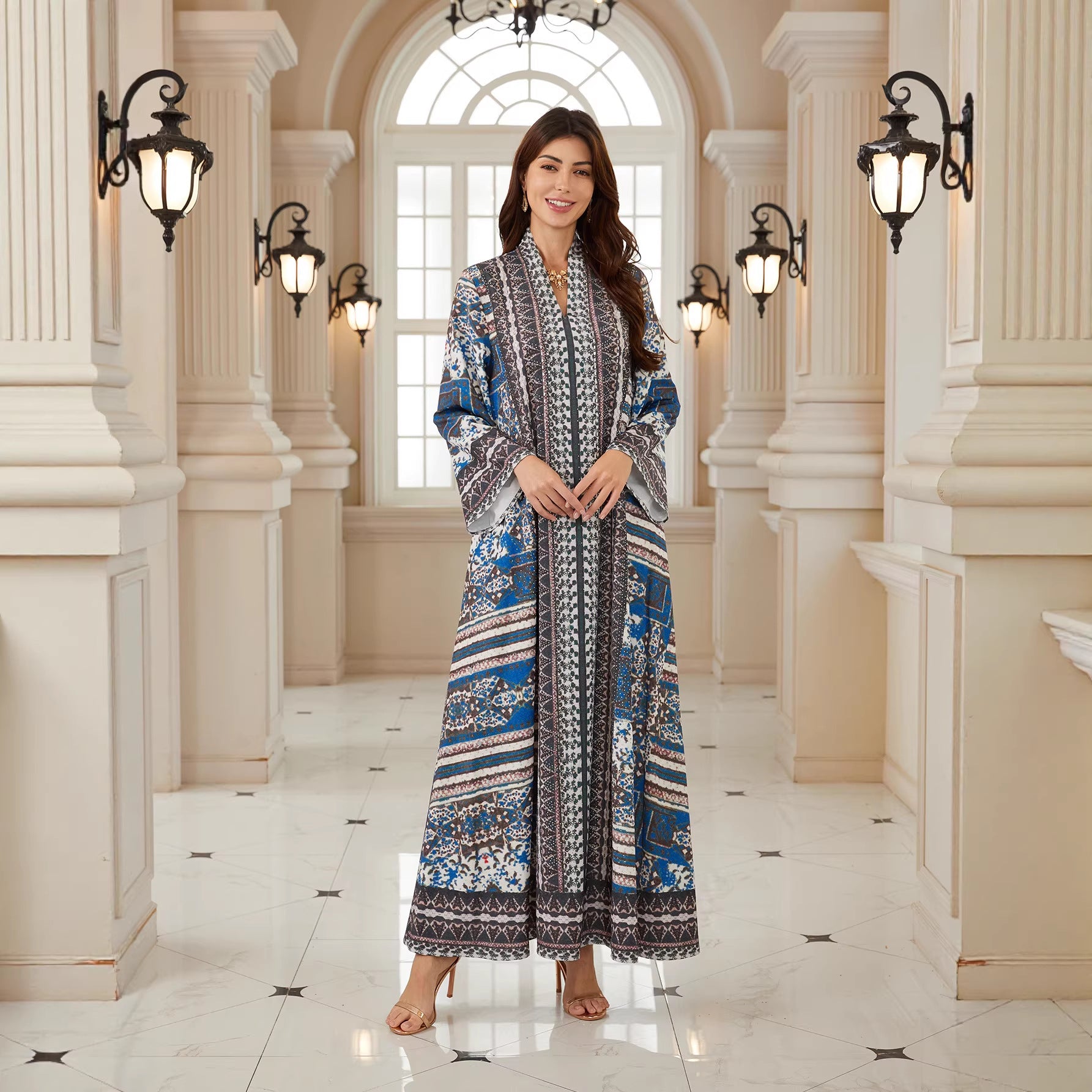 Stylish Grey Long-Sleeve Kaftan – Rhinestone Modest Maxi Dress