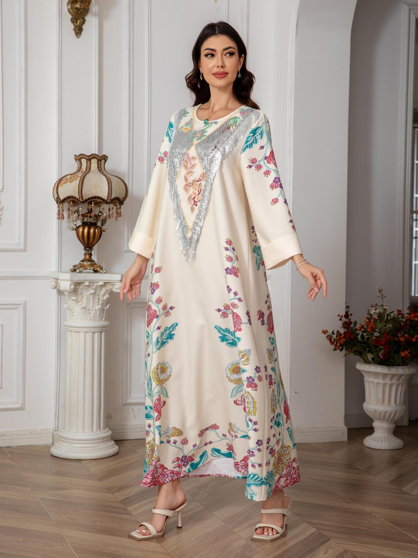 Ivory Floral Print Pullover Abaya - All-Over Stretch Modest Maxi Dress