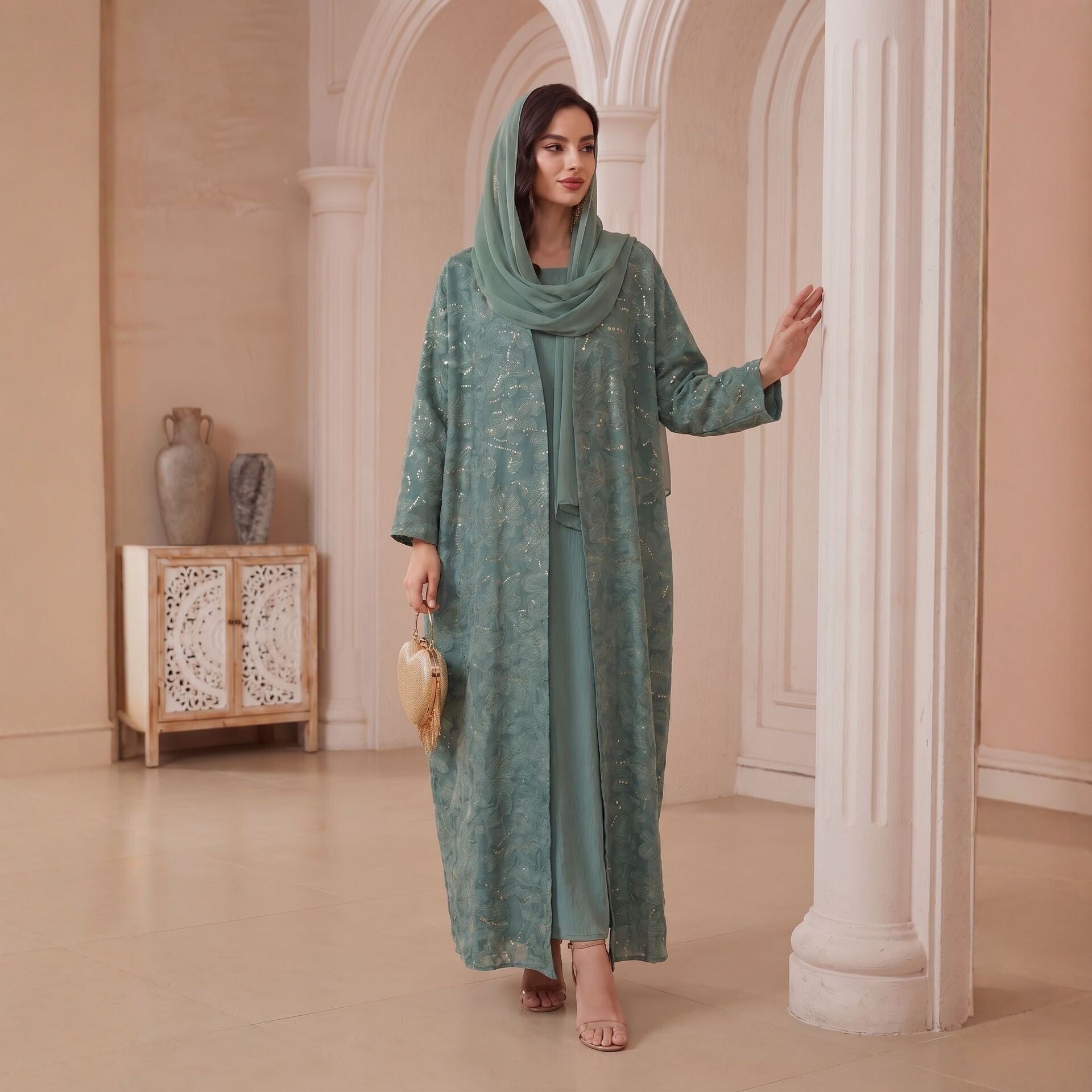 Black Peacock Green Open Outerwear with Hijab Set