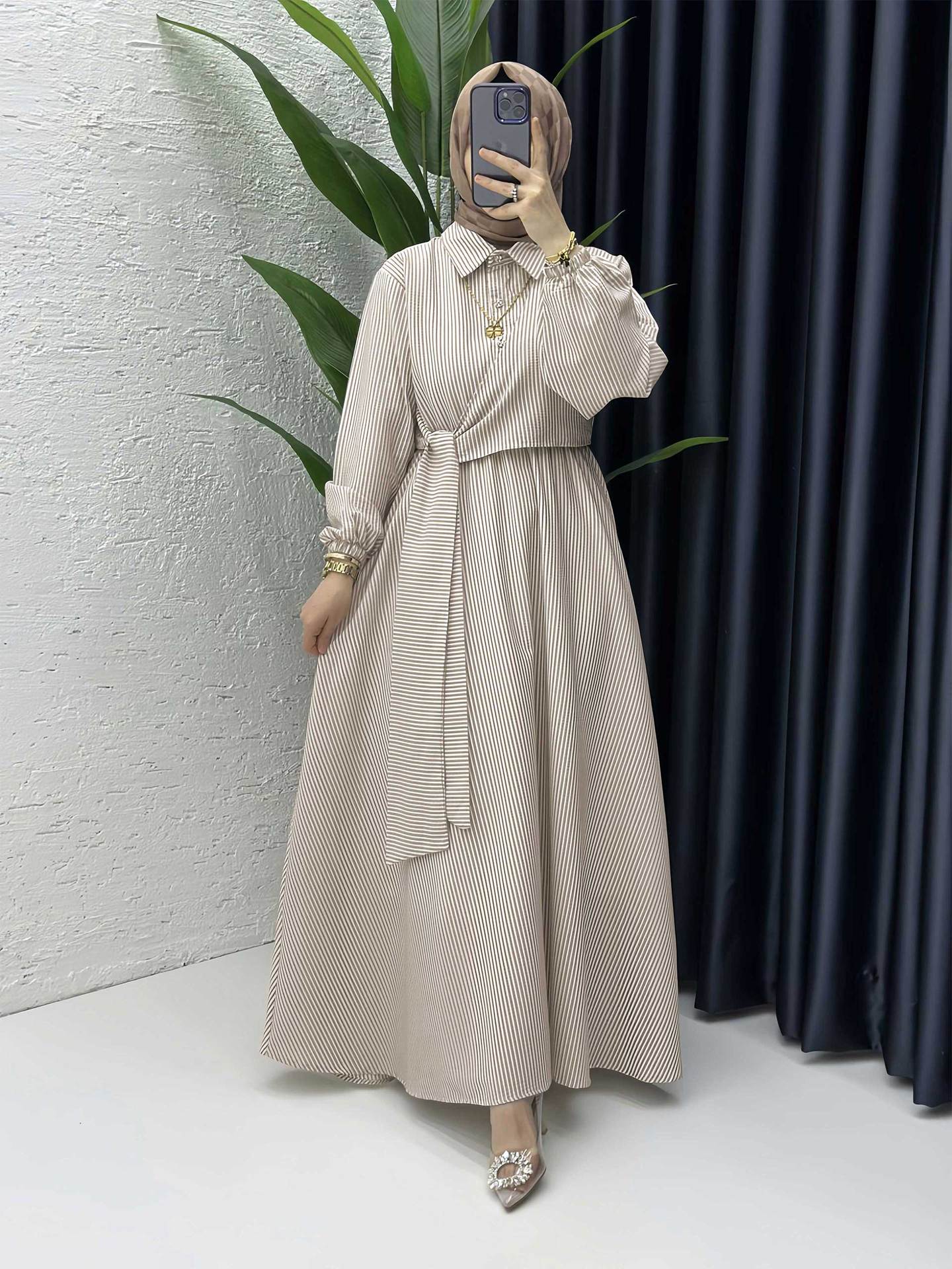 Striped Belted Button-Down Shirt Collar Faux Two-Piece Modest Maxi Dress Muslim Women Abaya Jalabiya Kaftan for Eid