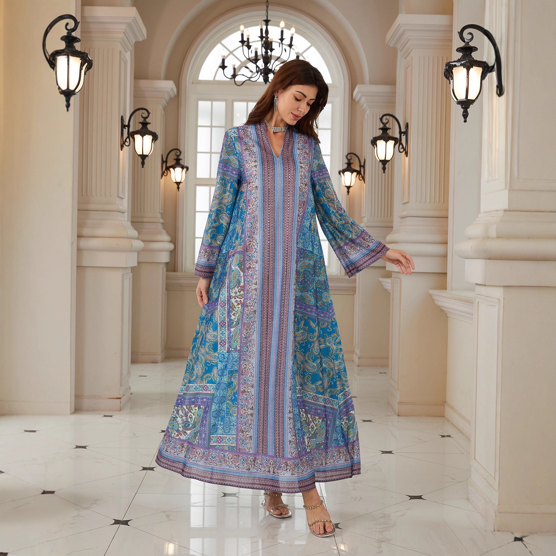 Blue Floral Print Plus Size Abaya - Modest Muslim Dress Ramadan Eid