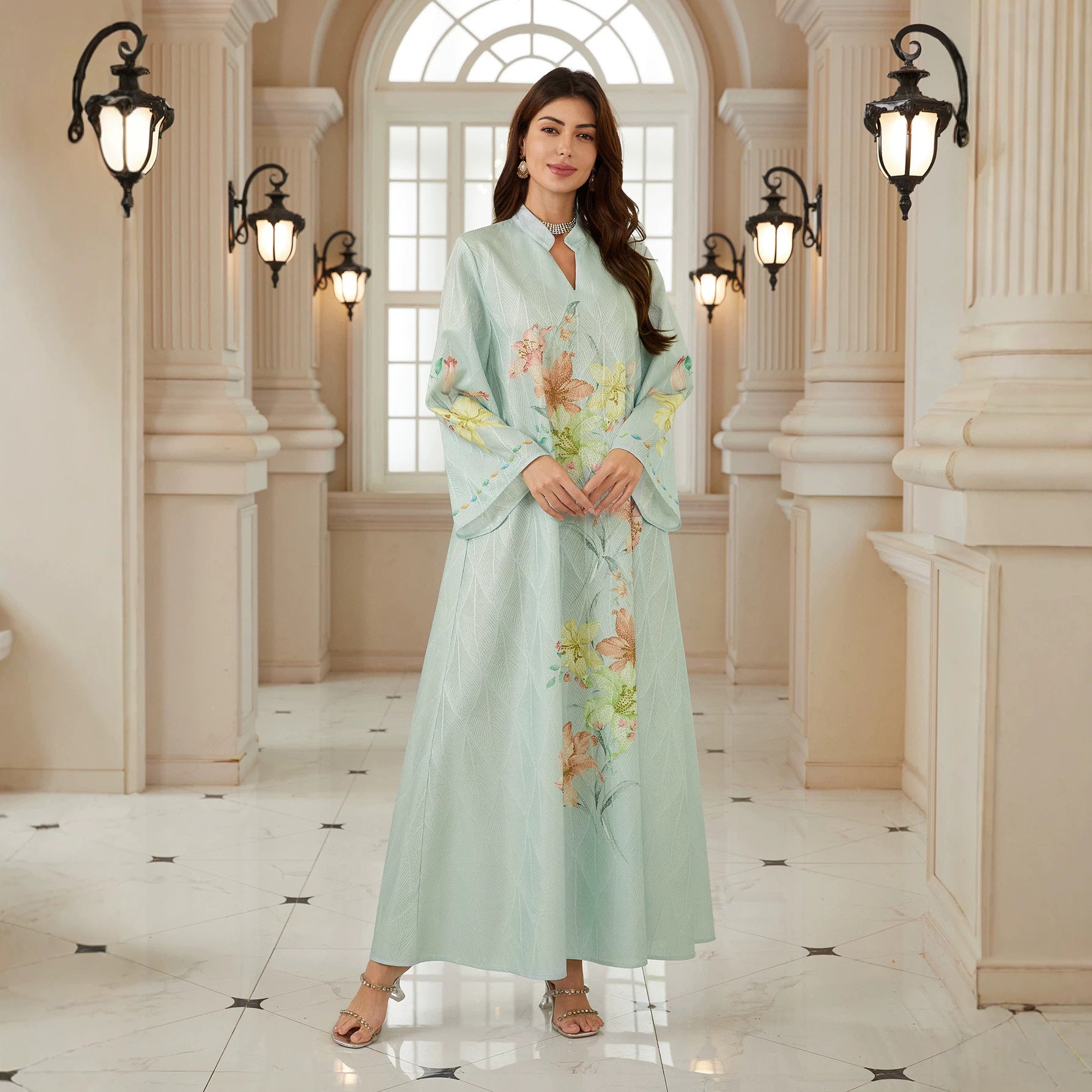 Mint Green Lily Floral Premium Pan-Arab Mandarin Stand Collar Small V Notch Open Front Modest Maxi Tunic Subtle Leaf Jacquard Matte Satin Single Layer Textile All Over Watercolor Large Lily Blossom Hand Embroidery Full Length Front Floral Stitch Wide