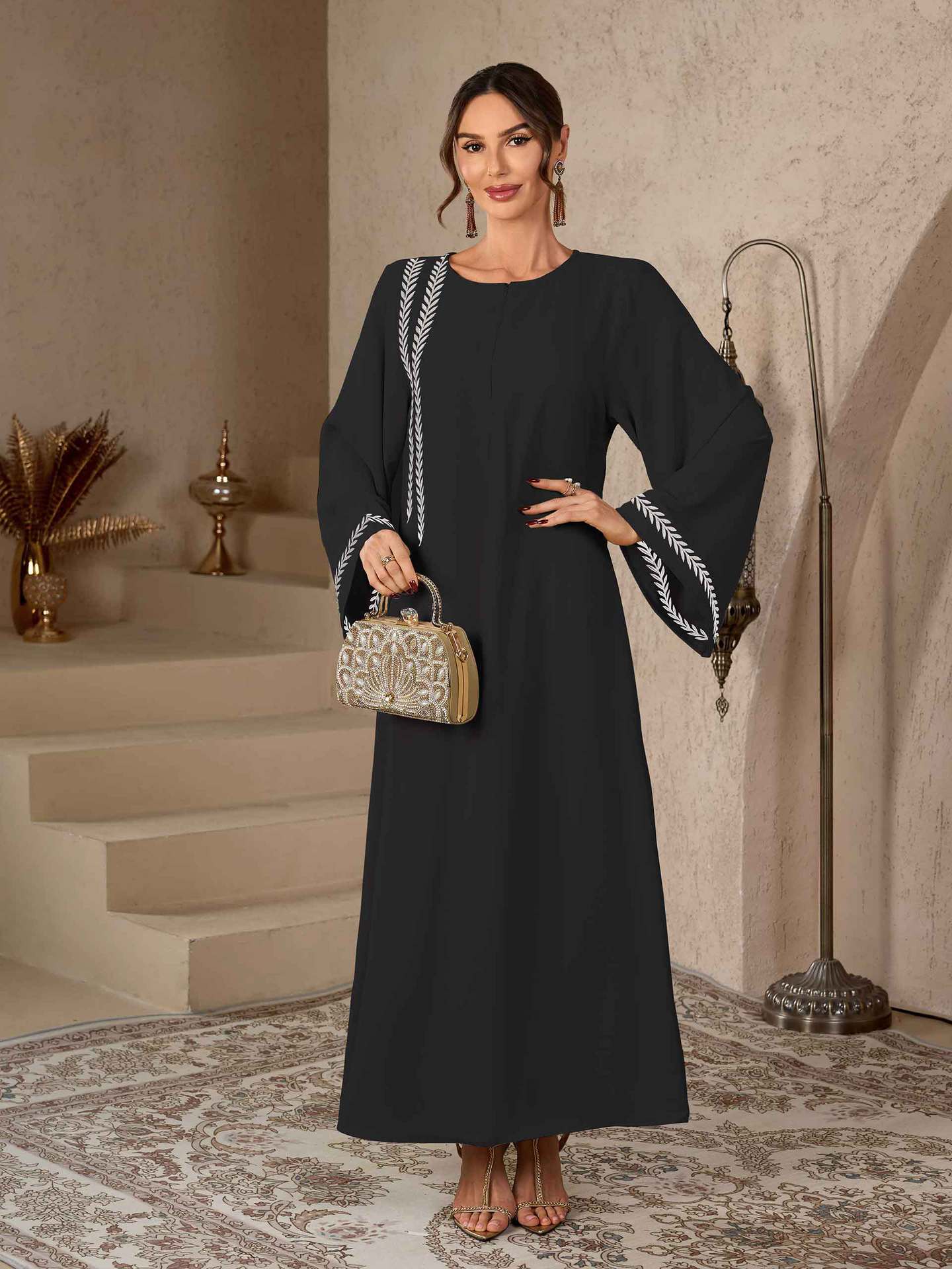 Apricot and Black Embroidered Open Cardigan Maxi Abaya Dress Jalabiya Modest Long Dress for Eid Ramadan Festive Celebration S-XXL
