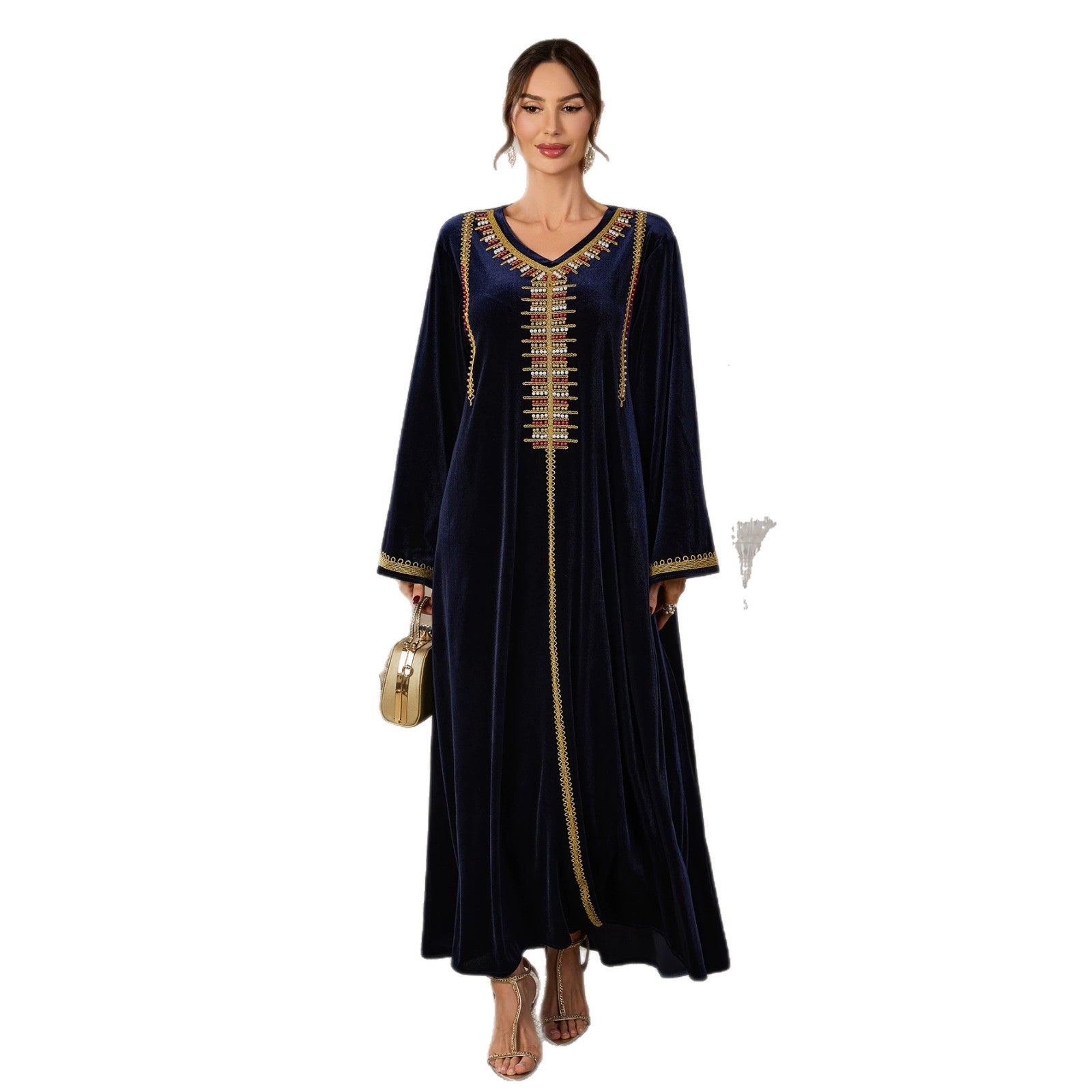 V-Neck Floral Embroidered Kaftan Dress Jalabiya Modest Long Maxi Dress for Muslim Women Eid Ramadan Formal Party S-XXL