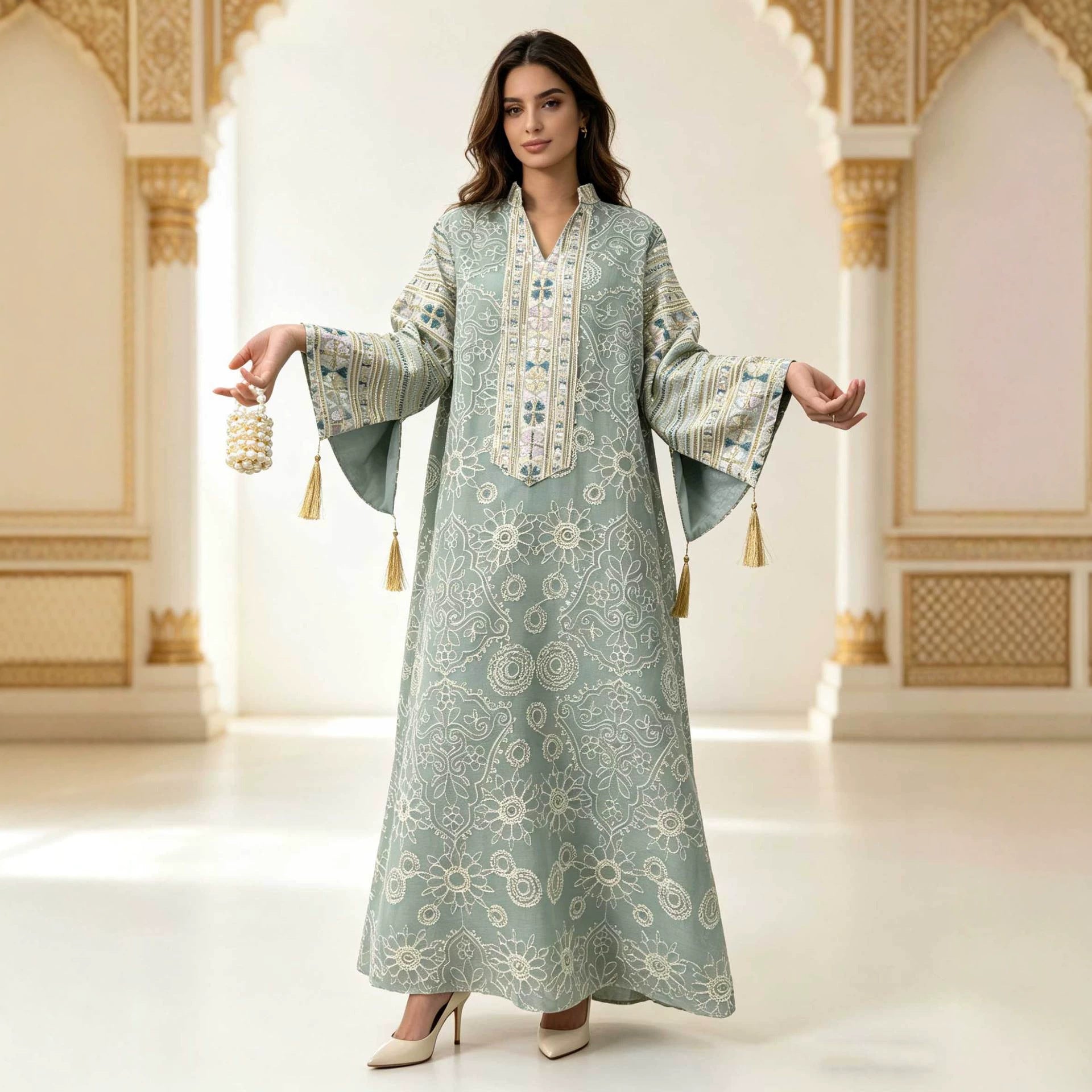 Elegant Sequin Embroidered Mesh Abaya Dress Jalabiya Modest Long Maxi Dress for Muslim Women Eid Ramadan Evening Party S-XXL