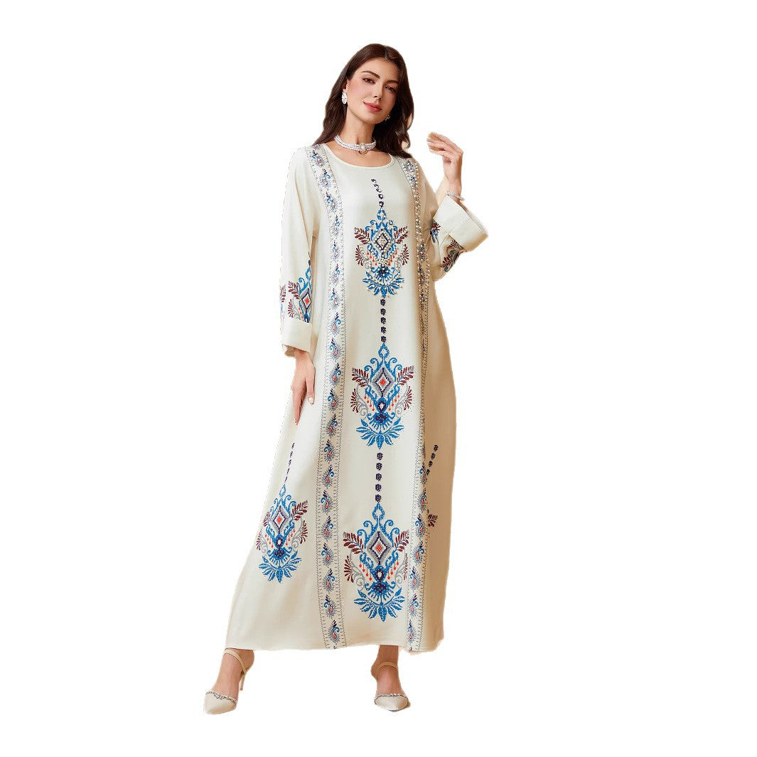 White Printed Abaya Maxi Dress - Flowing Modest Muslim Robe