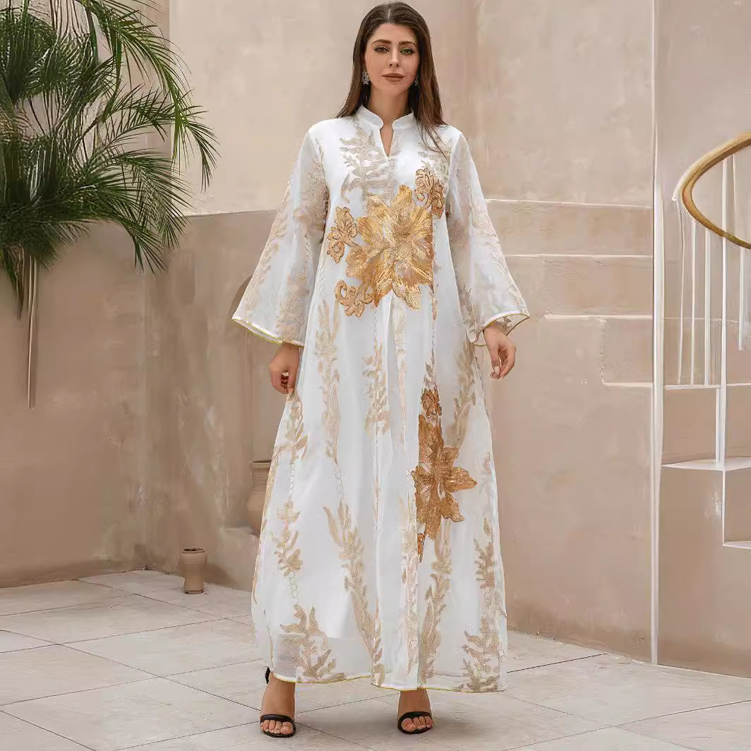 Elegant Gold Floral Embroidered Abaya Women White Stand Collar Flared Sleeve Loose Maxi Kaftan Popular Middle East Modest Outfit