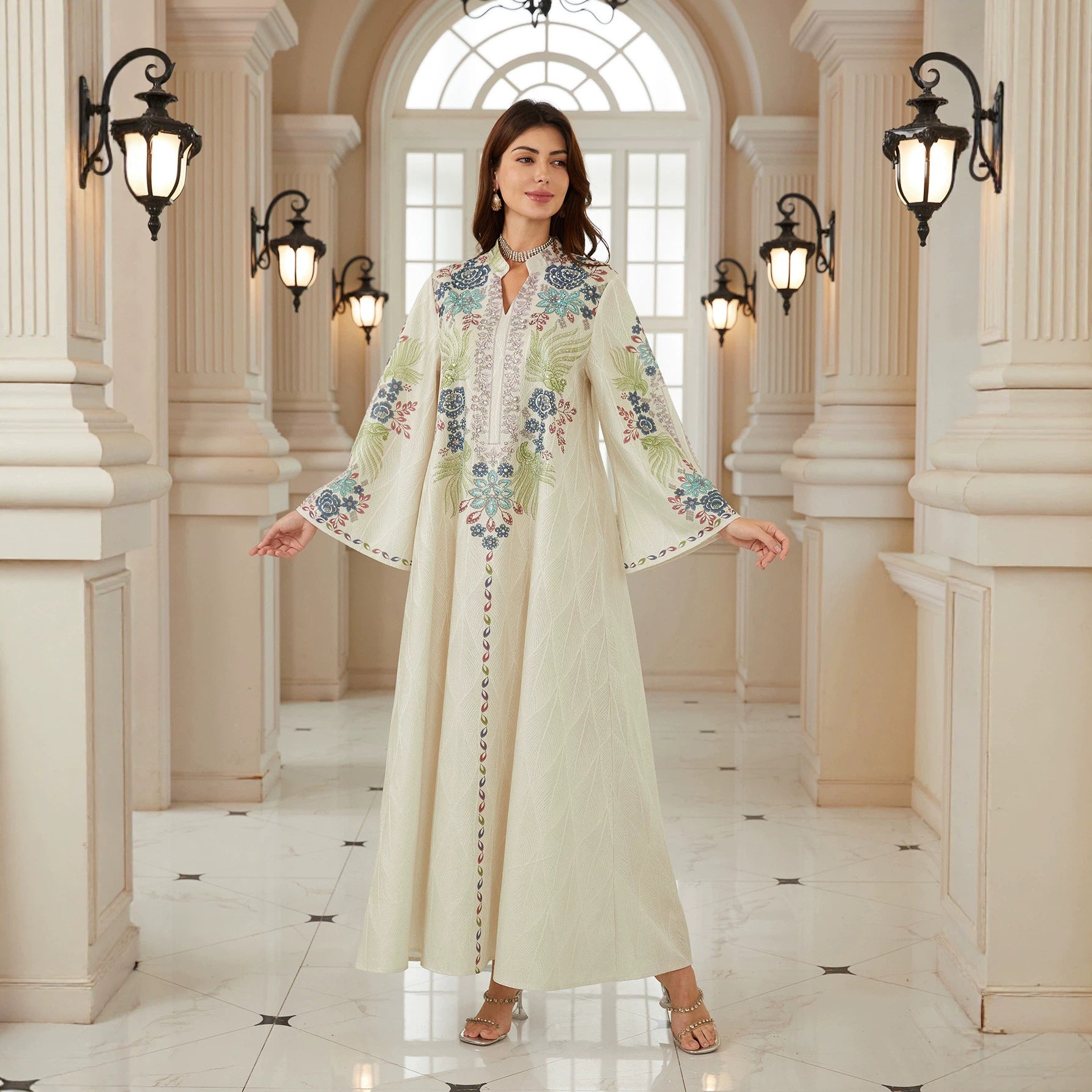 Off White Textured Fabric Stand Split V Neck Abaya Colorful Floral Leaf Embroidery Long Flare Sleeve Loose Full Length Muslim Women Kaftan Dress For Eid Wedding Ramadan