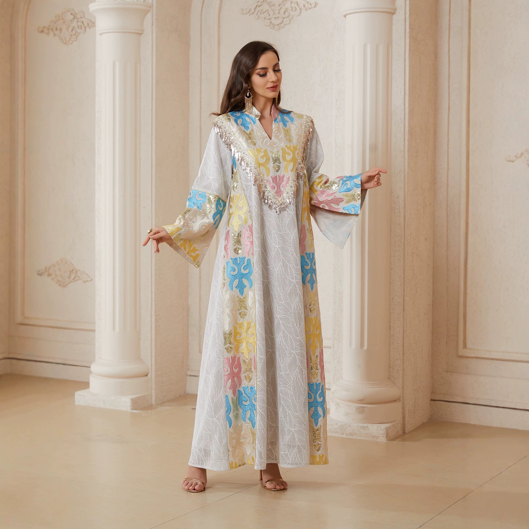 Women Grey White Colorful Embroidery Tassel V Stand Collar Flare Sleeve Abaya Loose Long Dubai Muslim Modest Kaftan Maxi Dress For Wedding Eid Ramadan