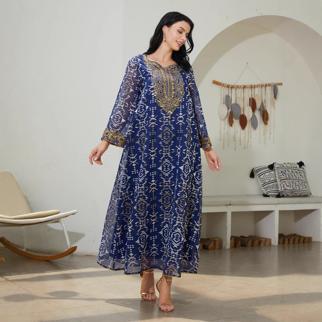 Charming Blue Mesh Kaftan – Embroidered Modest Maxi Dress