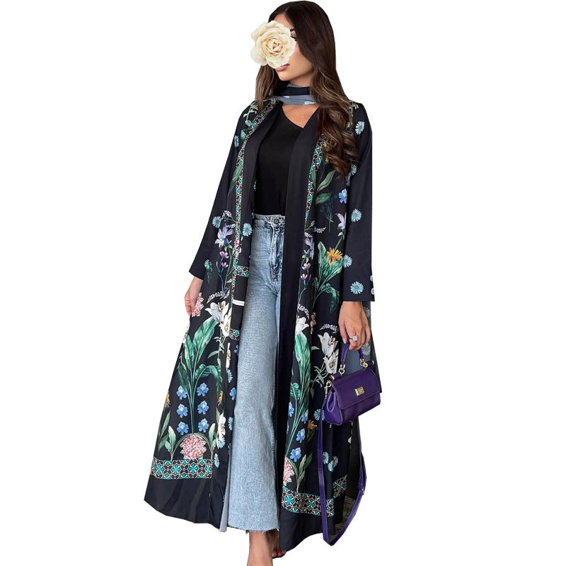 Black Floral Print Open Outerwear Maxi Abaya with Hijab Two-Piece Set