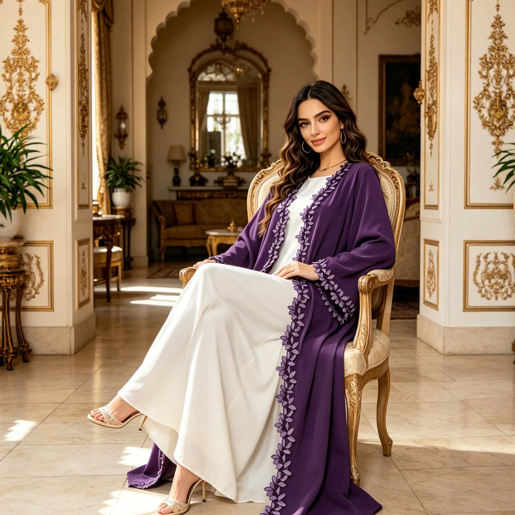 Ribbon Lace Trim Open Front Abaya Cardigan Modest Long Maxi Dress Jalabiya for Muslim Women Eid Ramadan Festive Wear S-XL