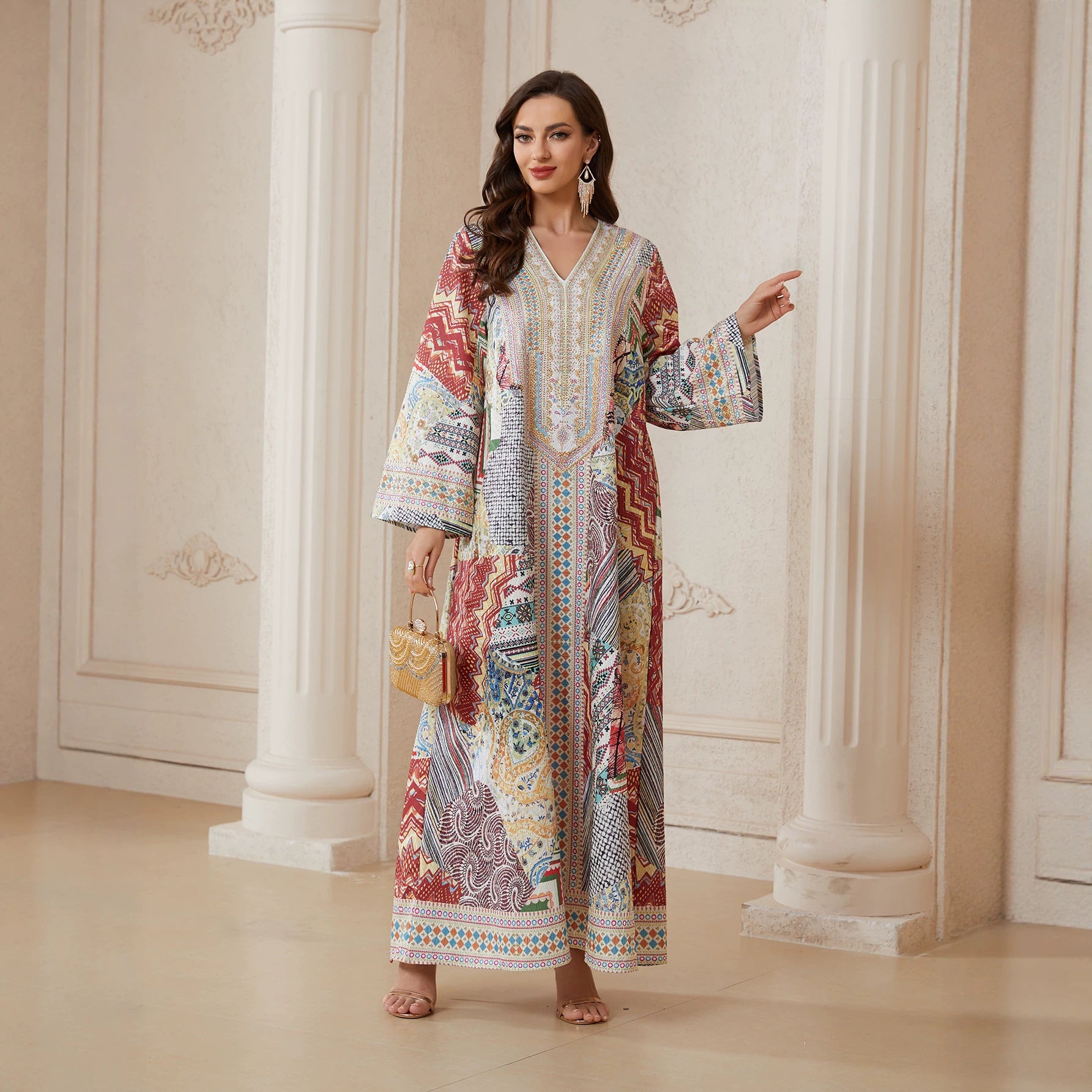 Ethnic Patchwork Geometric Premium Pan-Arab Craft V Notch Front Modest Maxi Tunic Light Airflow Single Layer Chiffon Textile All Over Vintage Tribal Patchwork Zigzag Grid Floral Mixed Print Ornate Multicolor Border Embroidery Trim Wide Straight Loose