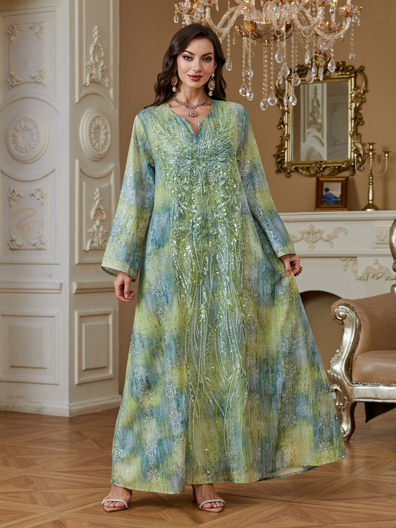 Soft Glossy Modest Long Robe For Ladies Vertical Sequined Craft Oversized Flare Sleeve Muslim Gown Pink Blue Green Tie Dye Pattern Formal Occasion Outfit