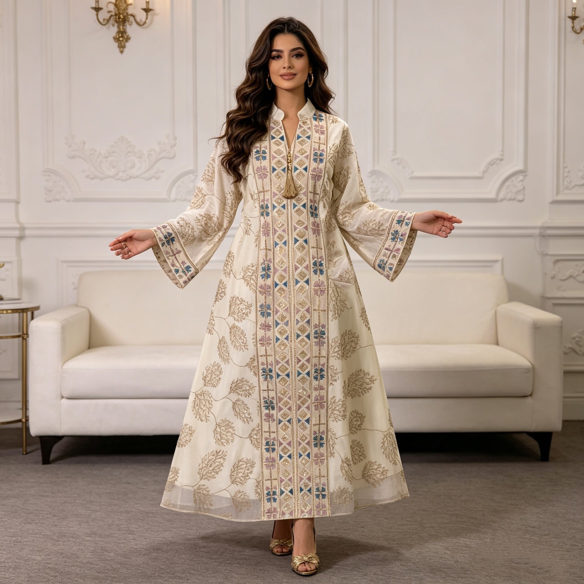 Black Cyan Ivory Peach V-Neck Heavy Embroidered Maxi Abaya Dress