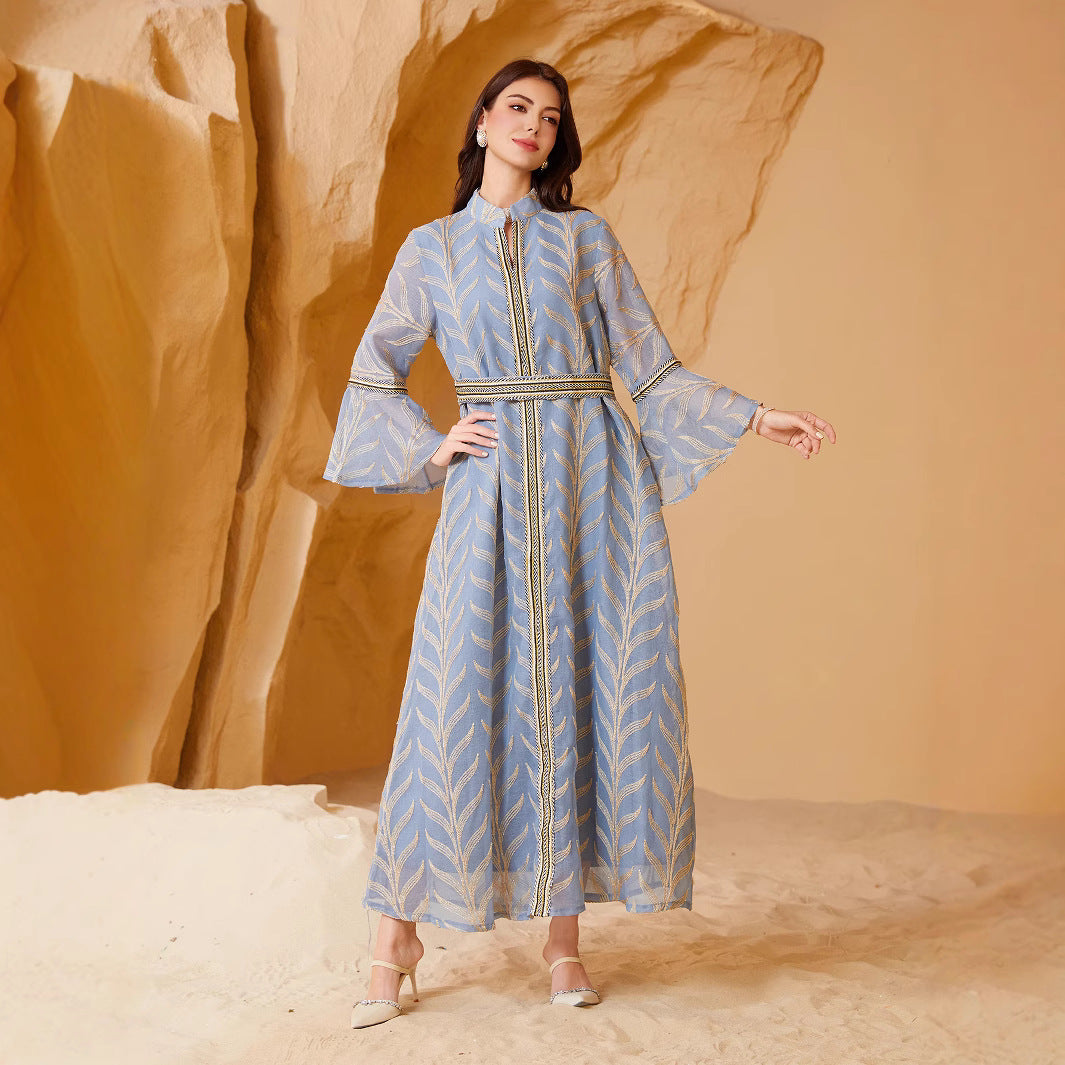 Saudi Muslim Women Premium Sheer Moroccan Kaftan Dusty Blue Golden Palm Leaf Embroidery Mandarin Collar Zip Closure Matching Waist Belt Oversize Flare Sleeve Loose Maxi Formal Outfit For All Gulf Ladies Eid Celebration Wedding Reception