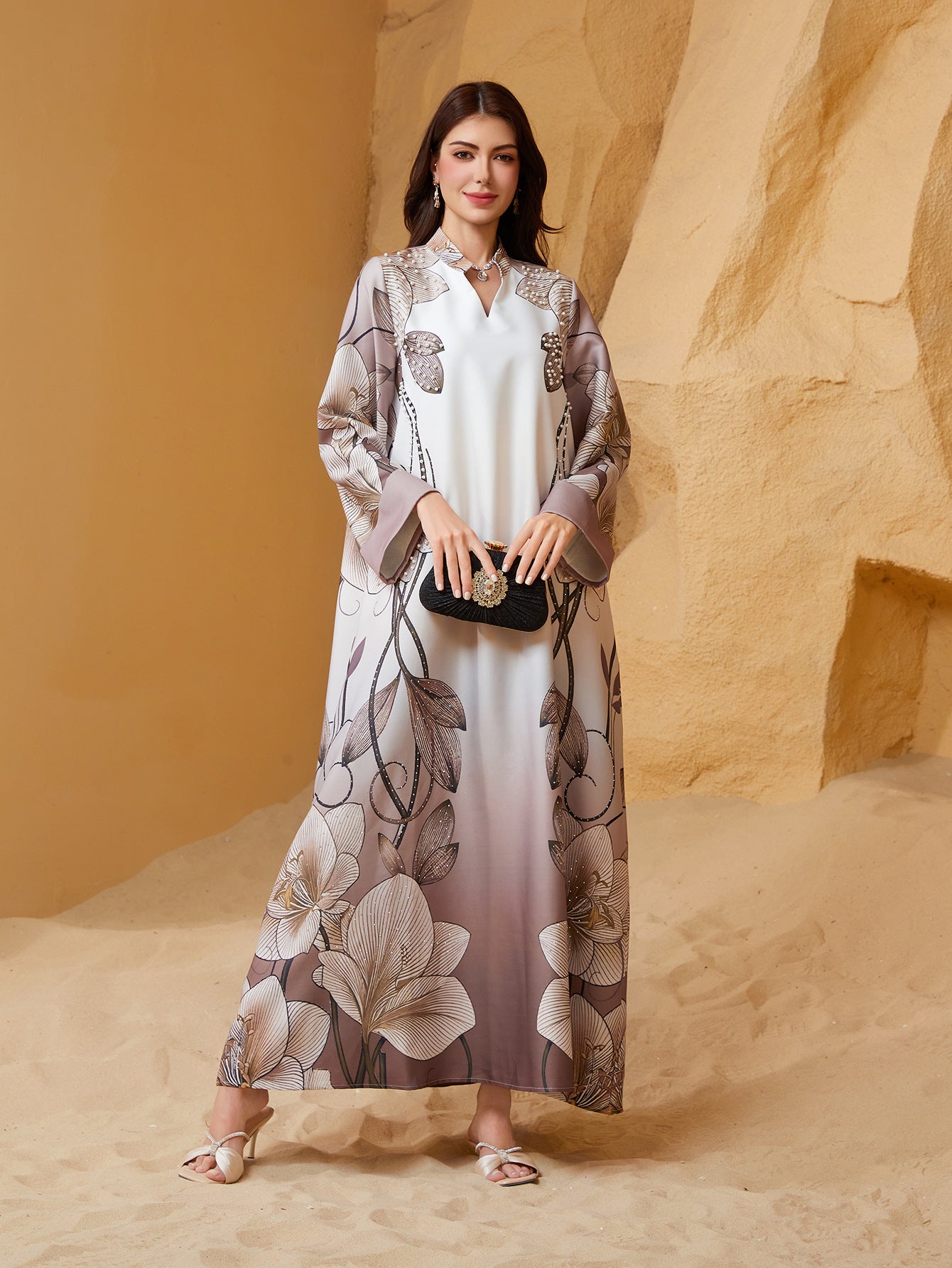 Coffee Reversed Sleeve Rhinestone Beaded V-Neck Maxi Dress