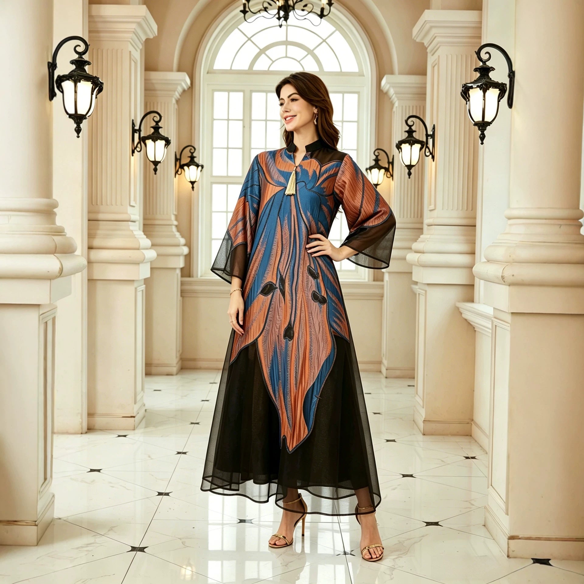 Premium Rhinestone Embellished Dubai Abaya Ladies Plain Solid Subtle Jacquard Lapel Collar Slim Waist High Split Loose Floor Length Luxury Modest Outfit For Middle East Ramadan & Eid Celebration