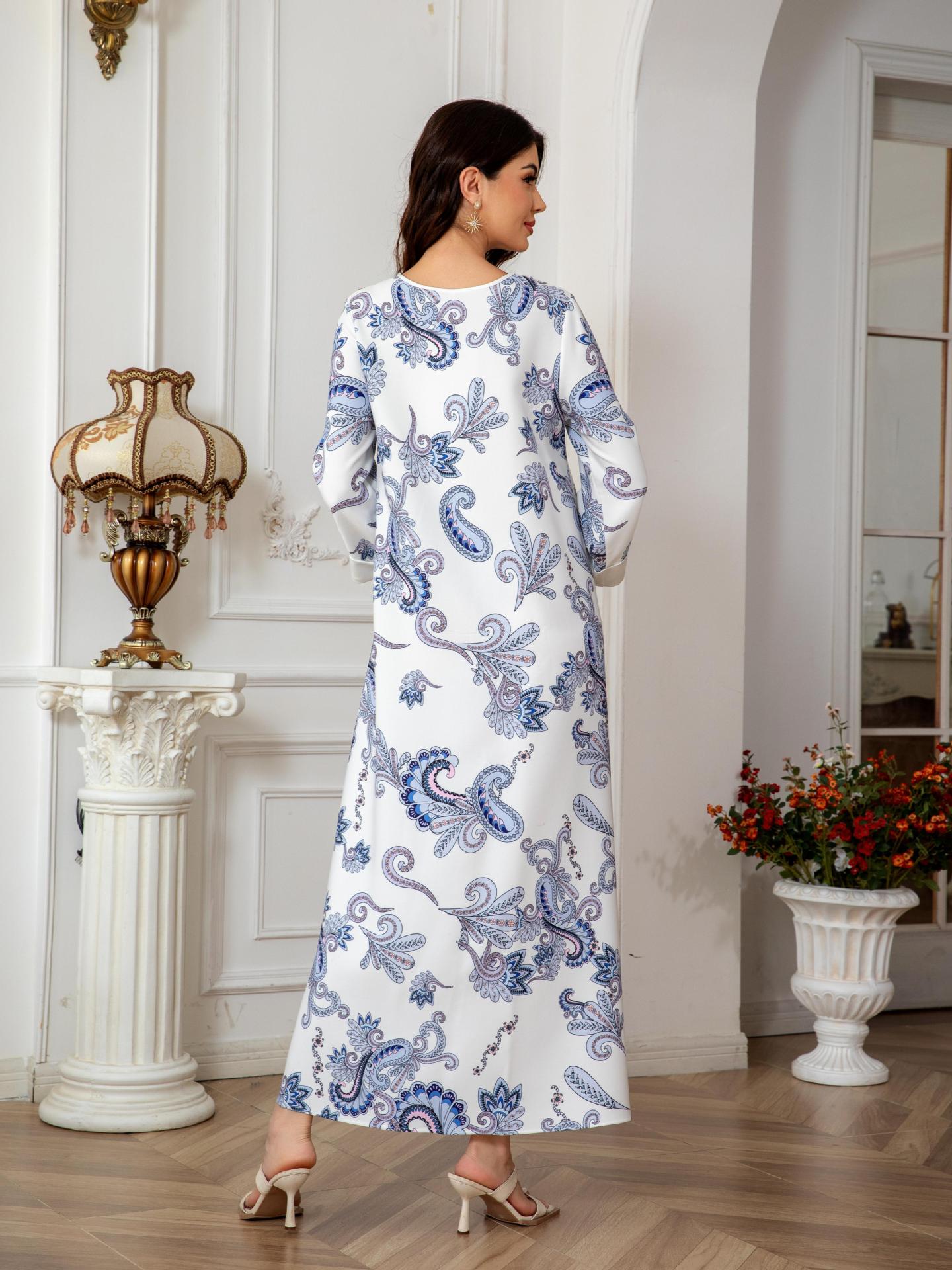 White Floral Print Evening Maxi Abaya Dress - Modest Long Sleeve Robe