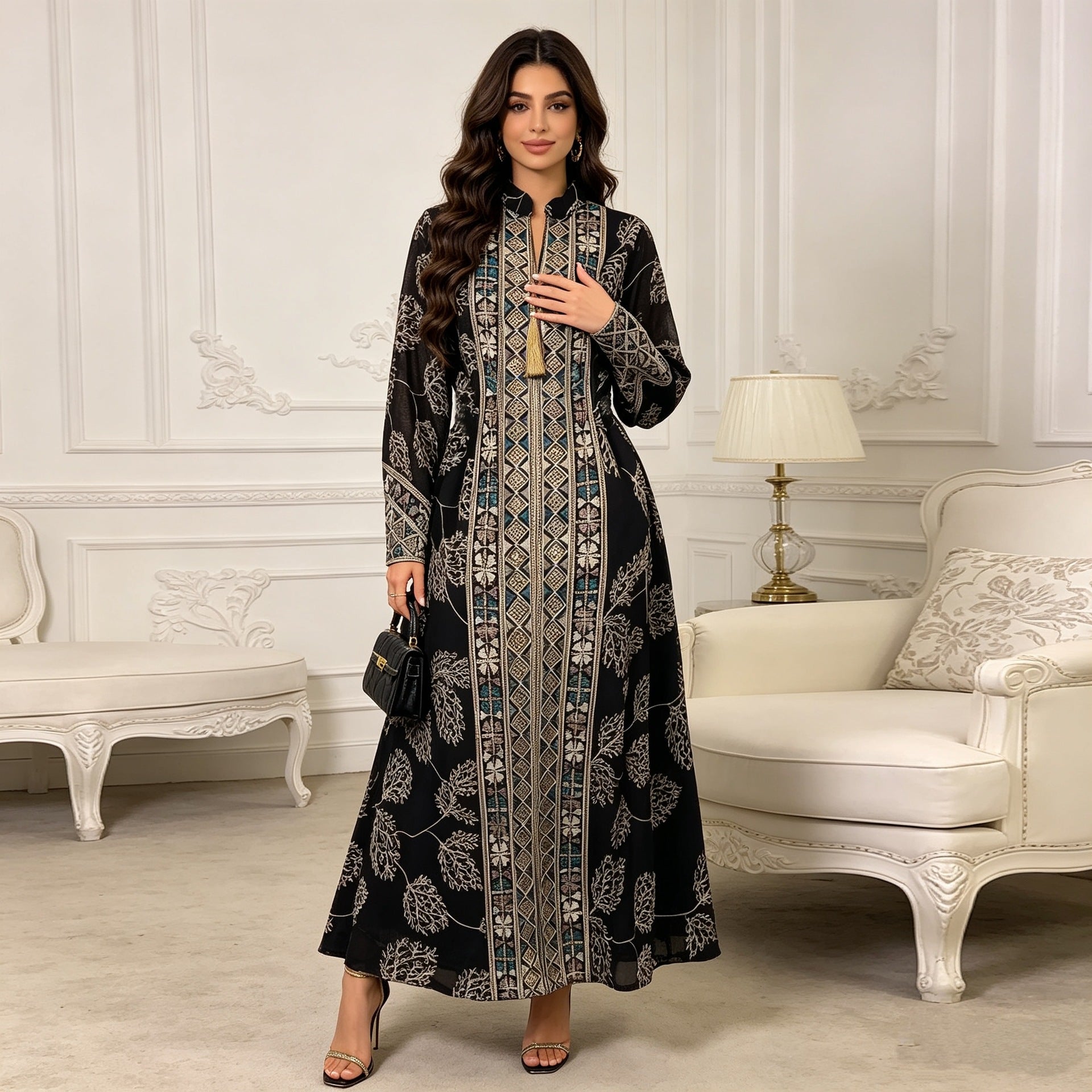 Black Cyan Ivory Peach V-Neck Heavy Embroidered Maxi Abaya Dress