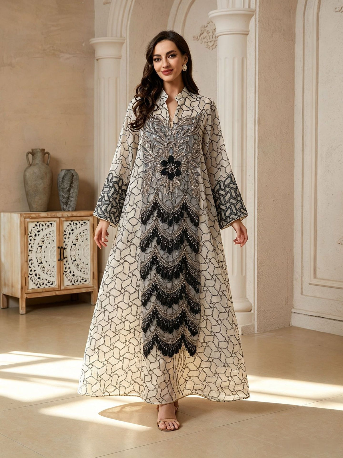 Premium Embroidered Floral Mesh Maxi Abaya Gown for Muslim Women Elegant Arabic Kaftan Robe Eid Ramadan Evening Party Dress
