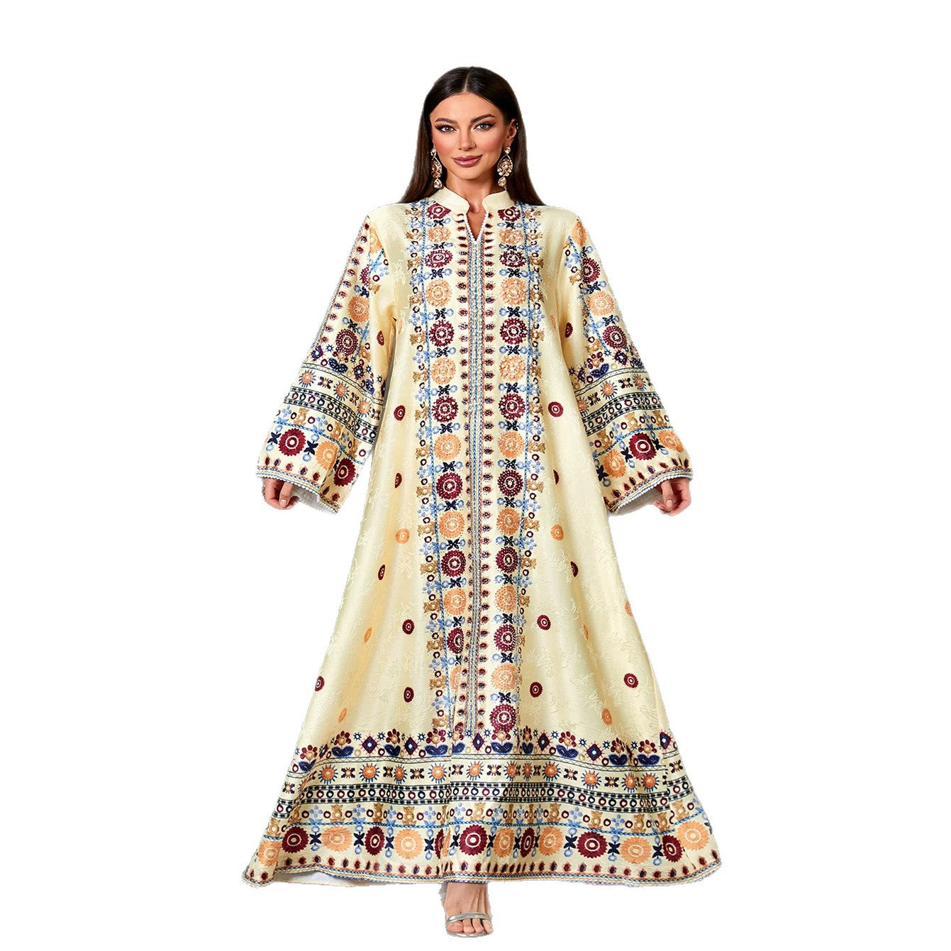 Handcrafted Beaded Jacquard Patterned Gown Jalabiya Modest Long Maxi Dress for Muslim Women Eid Ramadan Party S-XXL