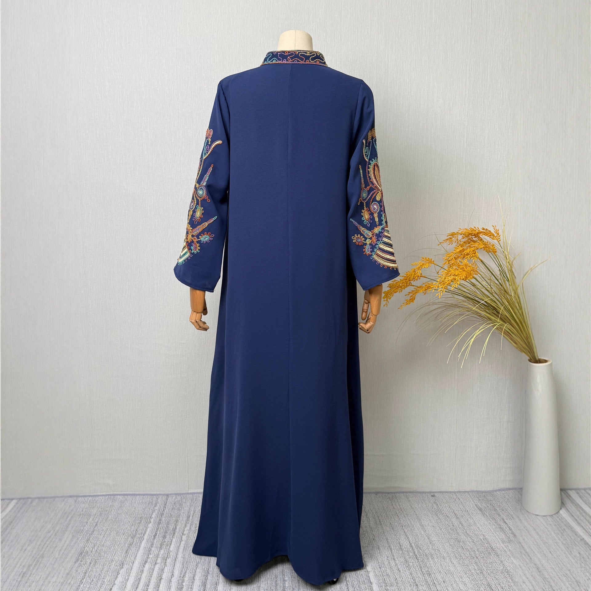 Navy and Pink Embroidered Pullover Maxi Abaya Dress Jalabiya Modest Long Dress for Muslim Women Ramadan Prayer Casual Wear S-XXL