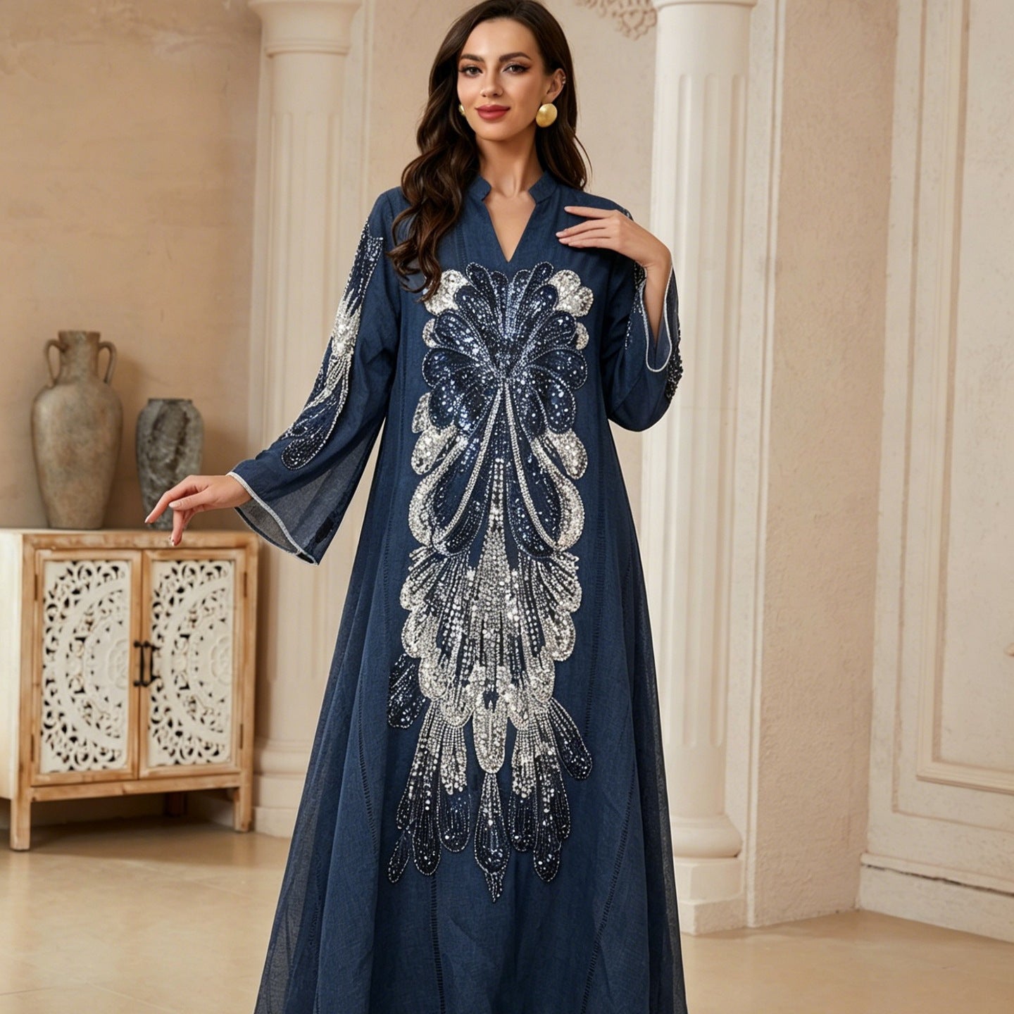 Peacock Feather Sequin Beaded Linen Abaya For Women Stand Split Collar Long Sleeve Dubai Luxury Muslim Kaftan Modest Maxi Dress For Eid Ramadan Wedding Party 3 Colors