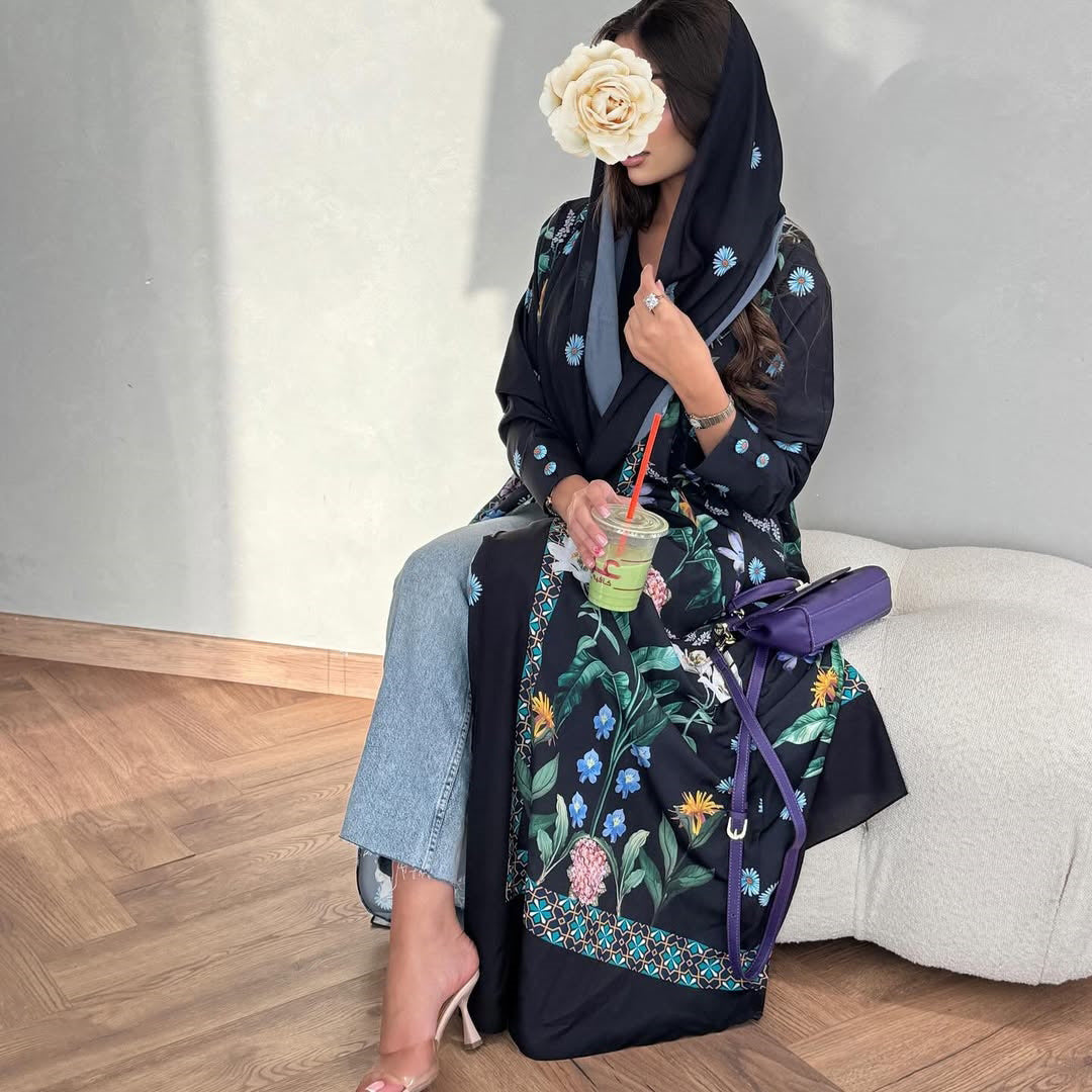 Black Floral Print Open Outerwear Maxi Abaya with Hijab Two-Piece Set