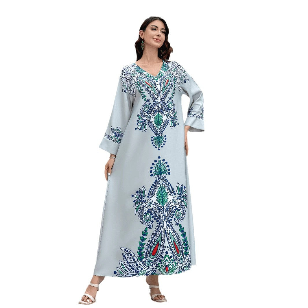 Light Blue Floral Print Rhinestone Embroidered Maxi Abaya Dress