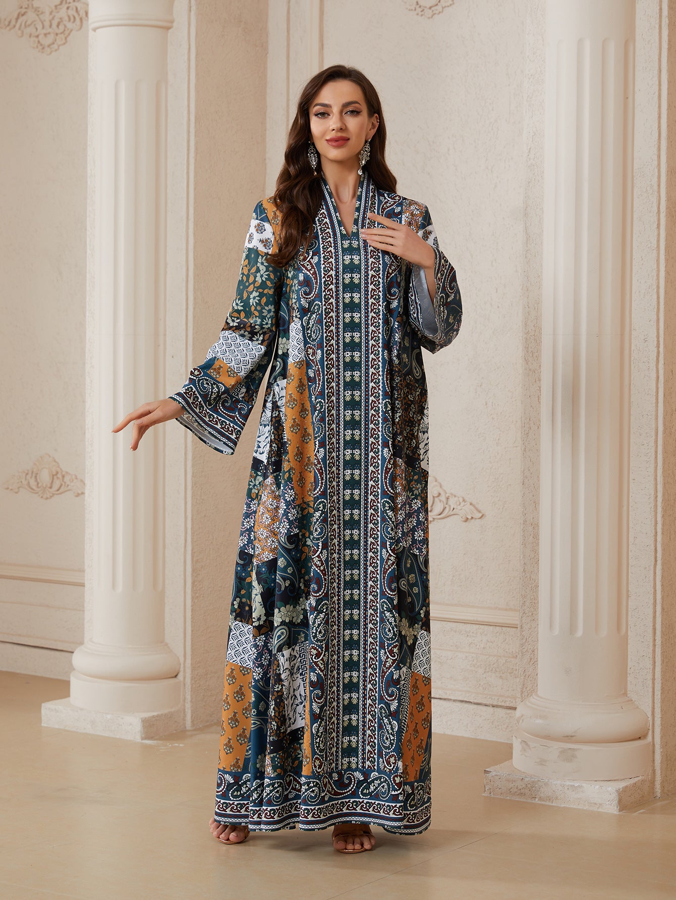 Floral Rhinestone Printed Jalabiya - Casual Modest Long Dress