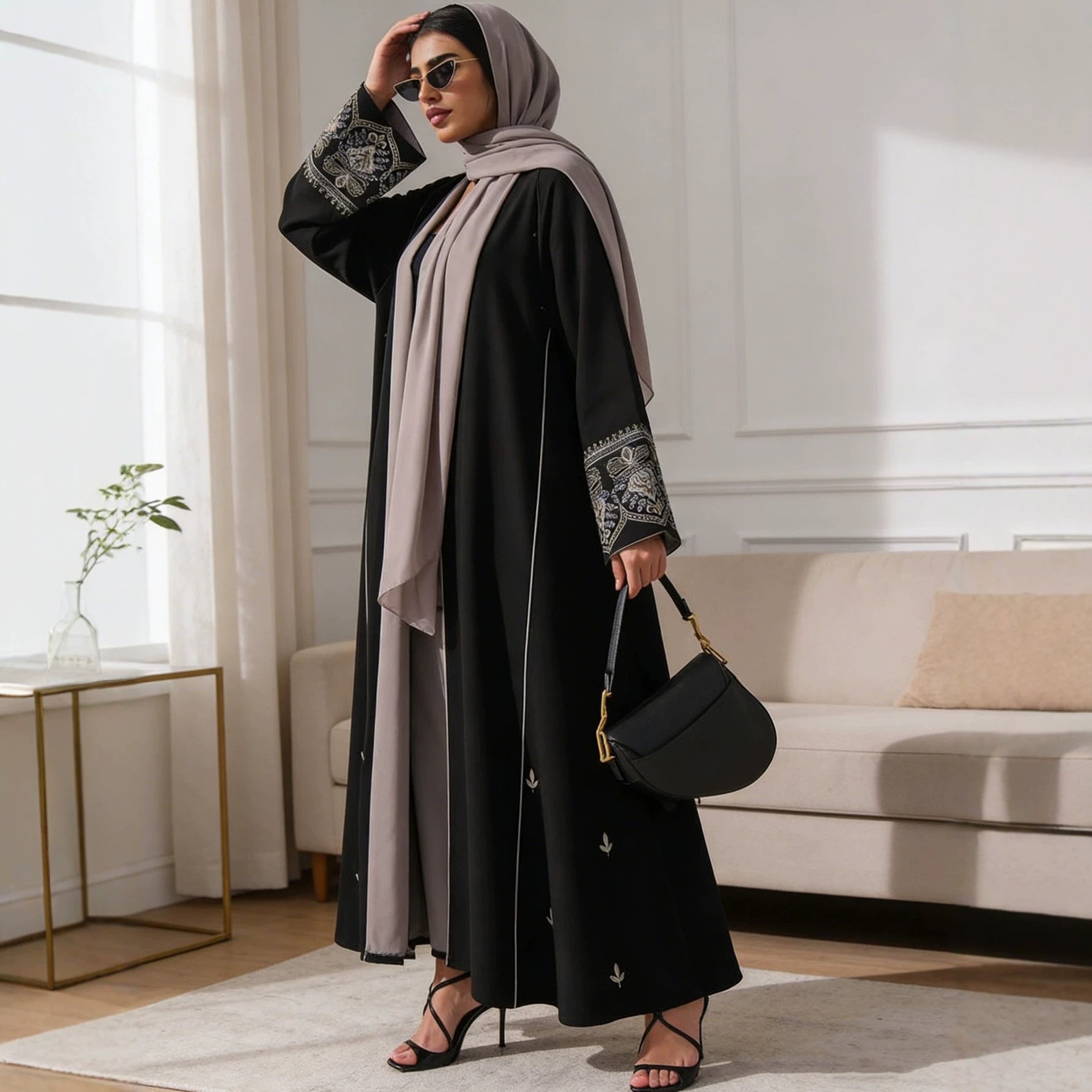 Embroidered Open Front Abaya Cardigan Modest Long Maxi Dress Jalabiya for Muslim Women Eid Ramadan Party Daily Wear One Size