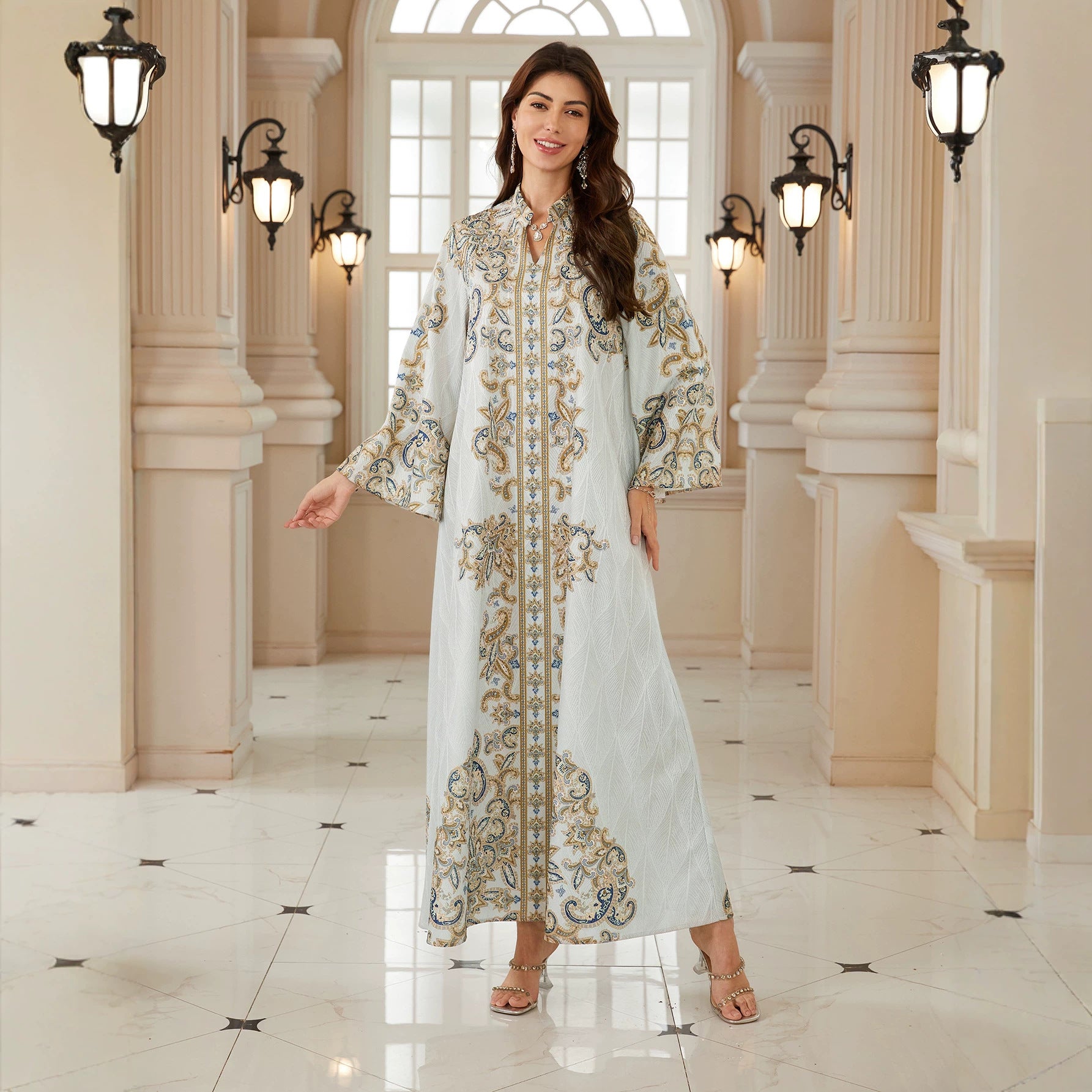 Elegant Paisley Print Stand Collar Abaya Dress Loose Flare Long Sleeve Muslim Women Maxi Kaftan Robe For Party Daily Wear