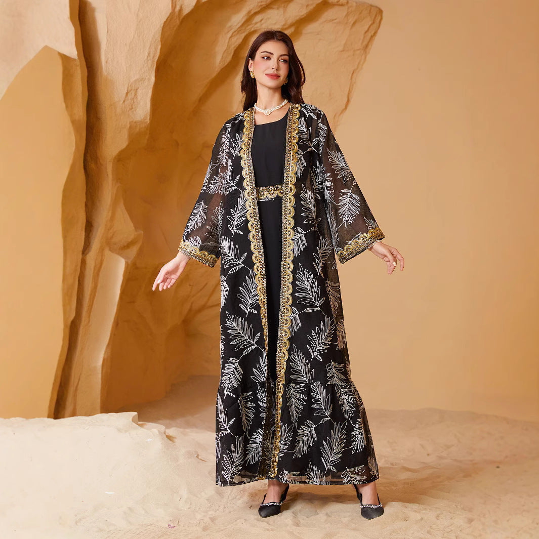 Women 2 Piece Black White Palm Leaf Print Sheer Chiffon Open Kimono Robe Luxury Gold Lace Border Embroidery Cuff Matching Belt Solid Black Inner Maxi Dress Gulf Layering Dubai Abaya Set For Eid Al Fitr Ramadan Nikkah Wedding Banquet