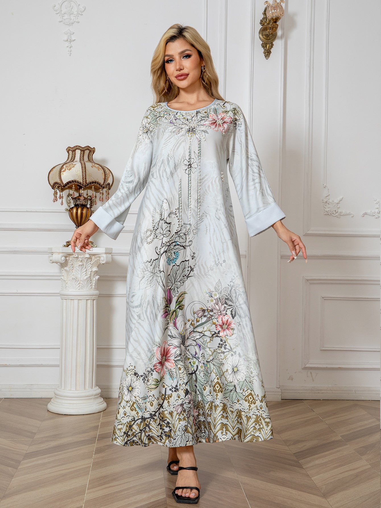 Light Grey Printed Beaded Abaya - Rhinestone Modest Maxi Dress