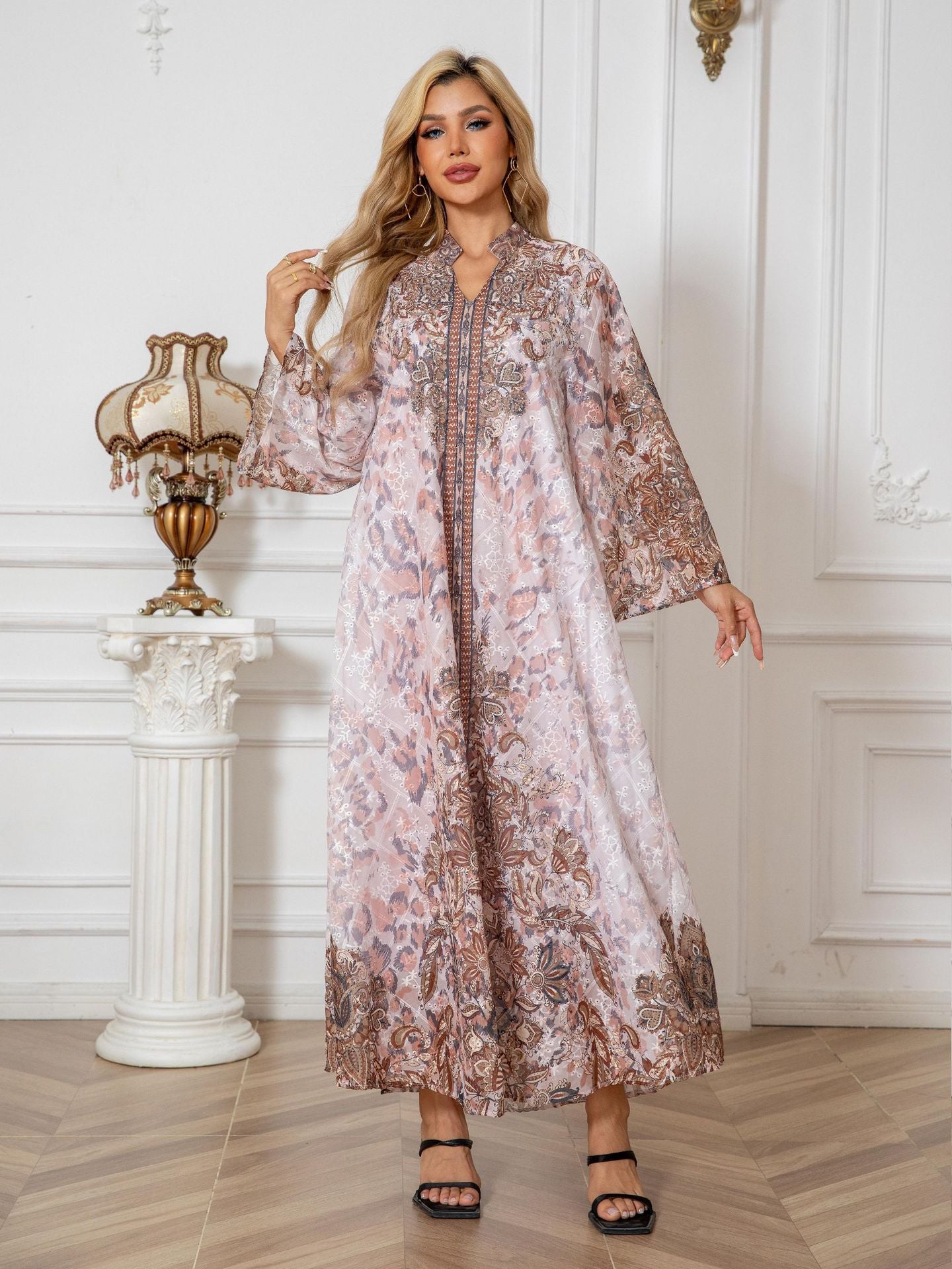 Radiant Pink Beaded Rhinestone Kaftan Abaya Maxi Dress Eid Ramadan