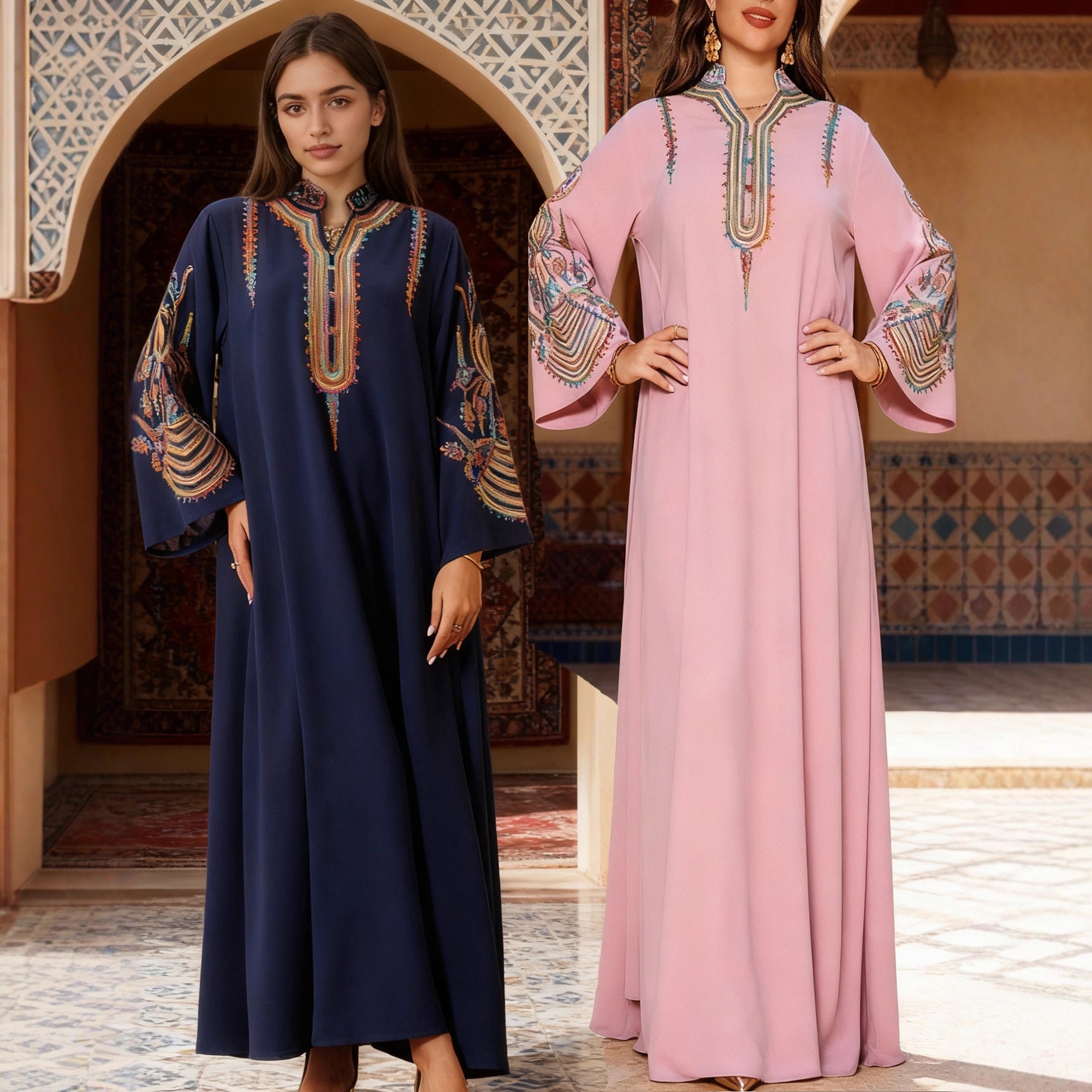 Navy and Pink Embroidered Pullover Maxi Abaya Dress Jalabiya Modest Long Dress for Muslim Women Ramadan Prayer Casual Wear S-XXL