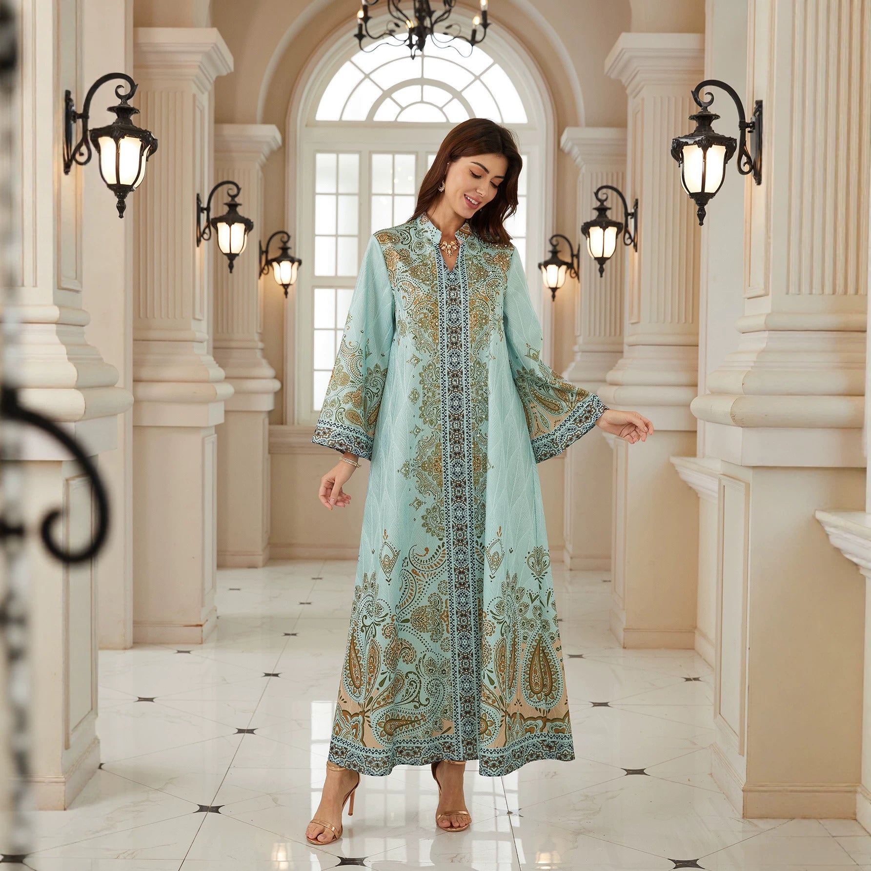 Light Cyan Paisley Print Stand Split V Neck Abaya Full Long Flare Sleeve Loose Modest Muslim Women Kaftan Dress For Ramadan Wedding Eid Party