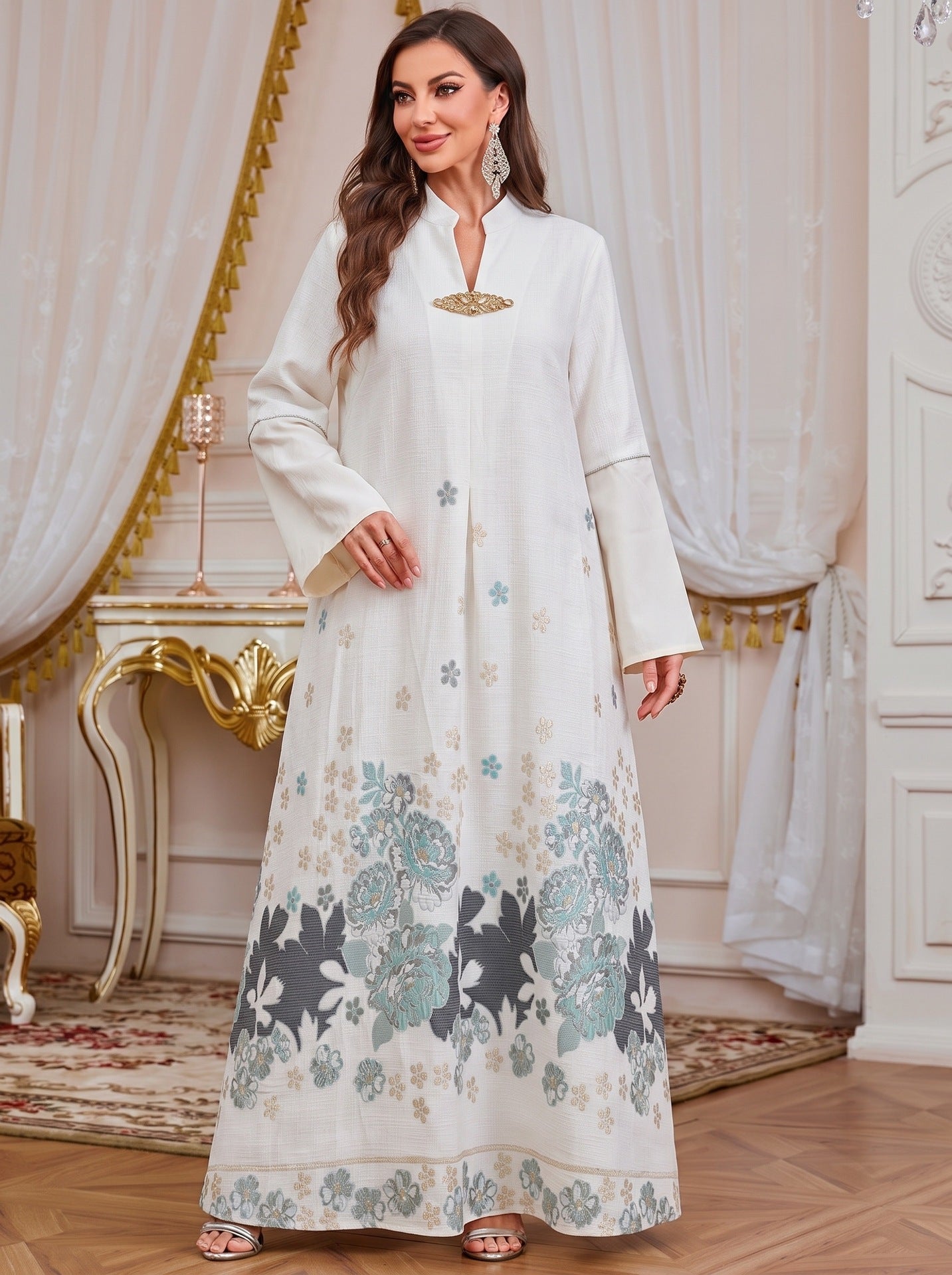 Emerald Blue V-Neck Rhinestone Embellished Modest Maxi Abaya Dress