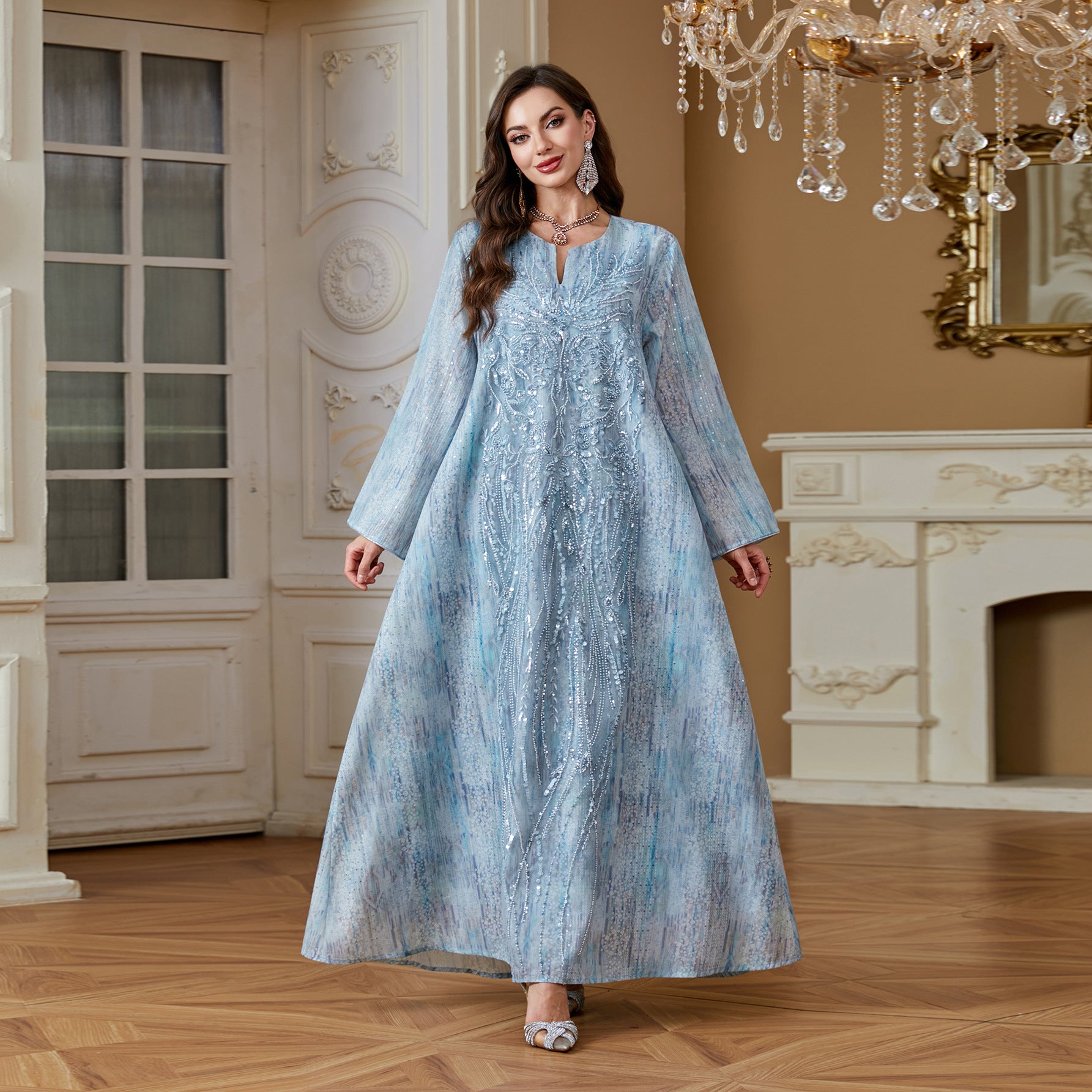Soft Glossy Modest Long Robe For Ladies Vertical Sequined Craft Oversized Flare Sleeve Muslim Gown Pink Blue Green Tie Dye Pattern Formal Occasion Outfit