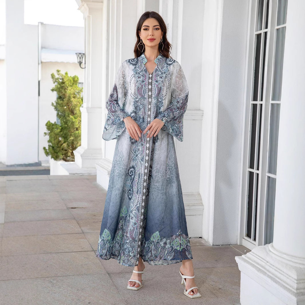 Stunning Blue Rhinestone Abaya – Modest Muslim Embroidered Maxi