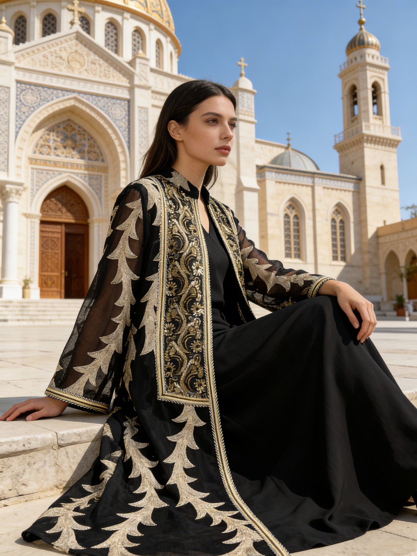 Heavy Beaded Sequin Embroidered Mesh Two-Piece Set Muslim Women Modest Maxi Abaya Jalabiya Kaftan Dress for Eid Ramadan