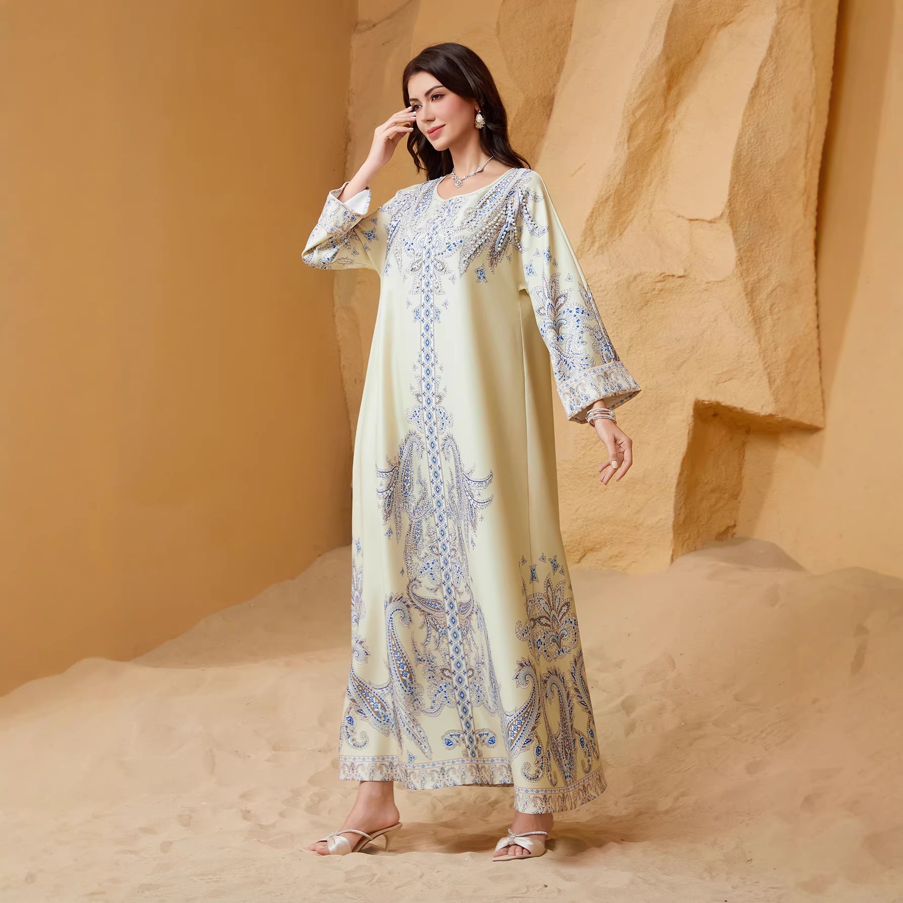 Stylish Light Blue Yellow Beaded Kaftan Abaya Maxi Dress Eid Ramadan