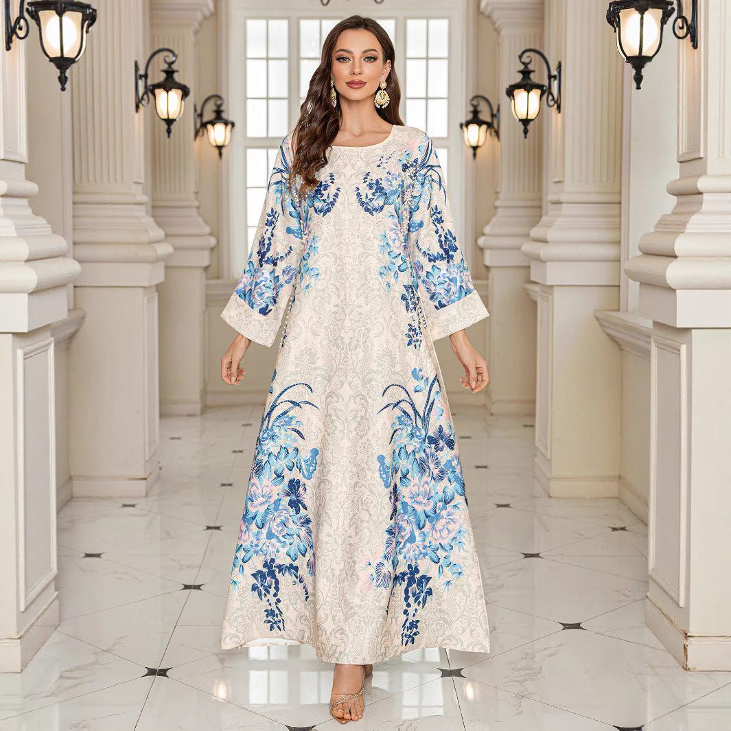 Pink Printed Long Abaya Dress - Fashion Modest Maxi Robe
