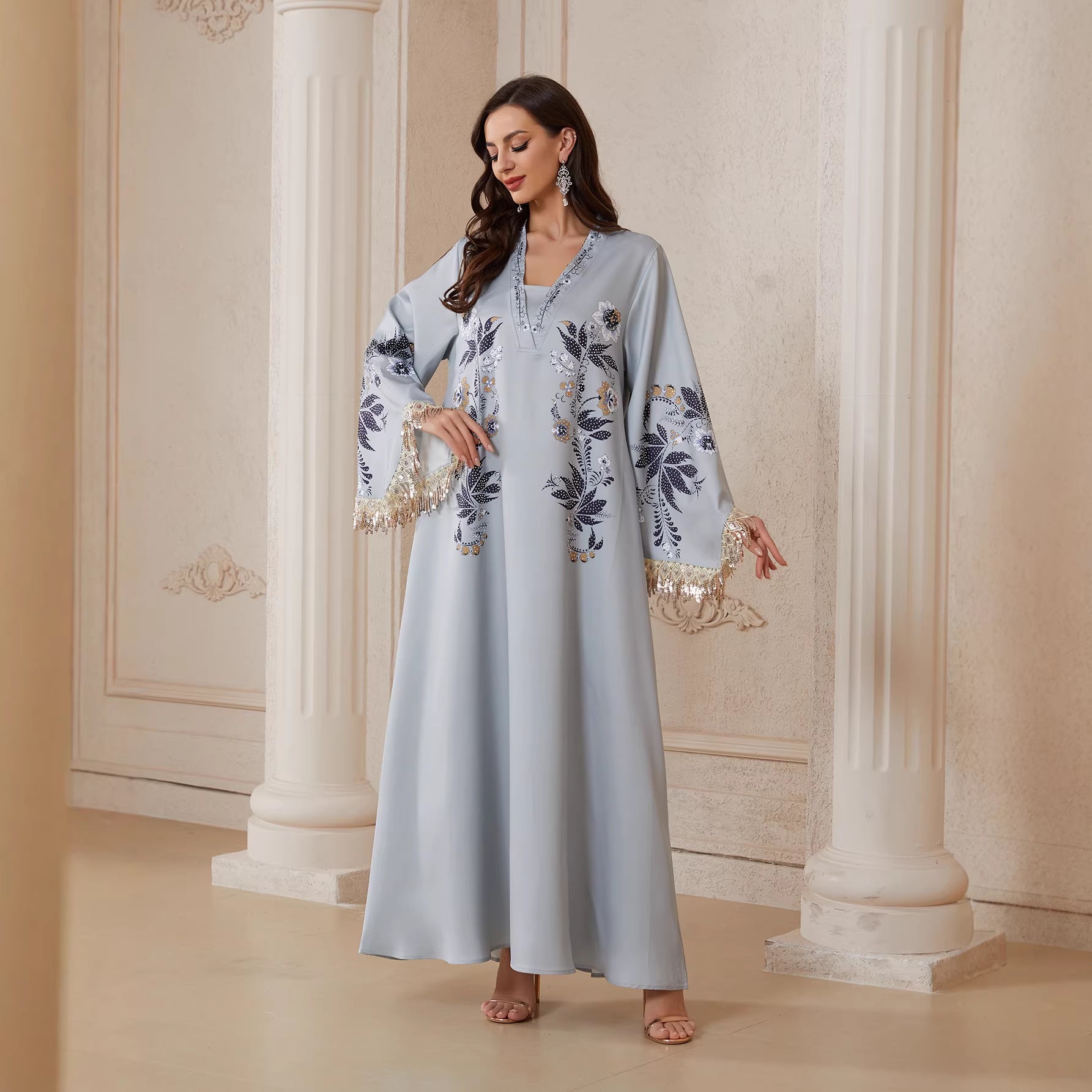 Serene Silver Printed Abaya – Casual Loose Modest Maxi Dress