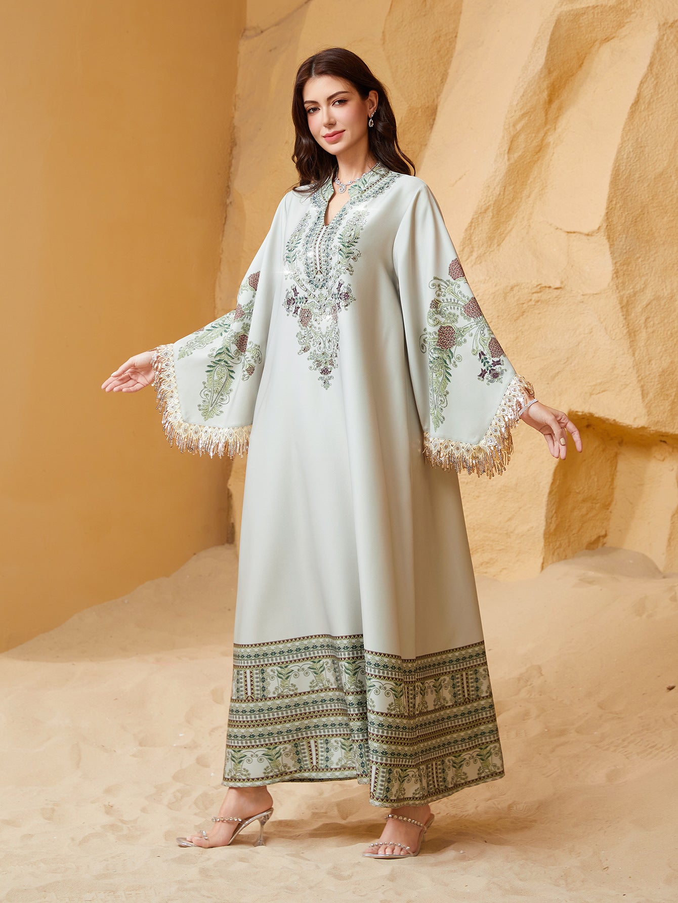 Vibrant 3-Color Floral Kaftan – Modest Muslim V-Neck Maxi