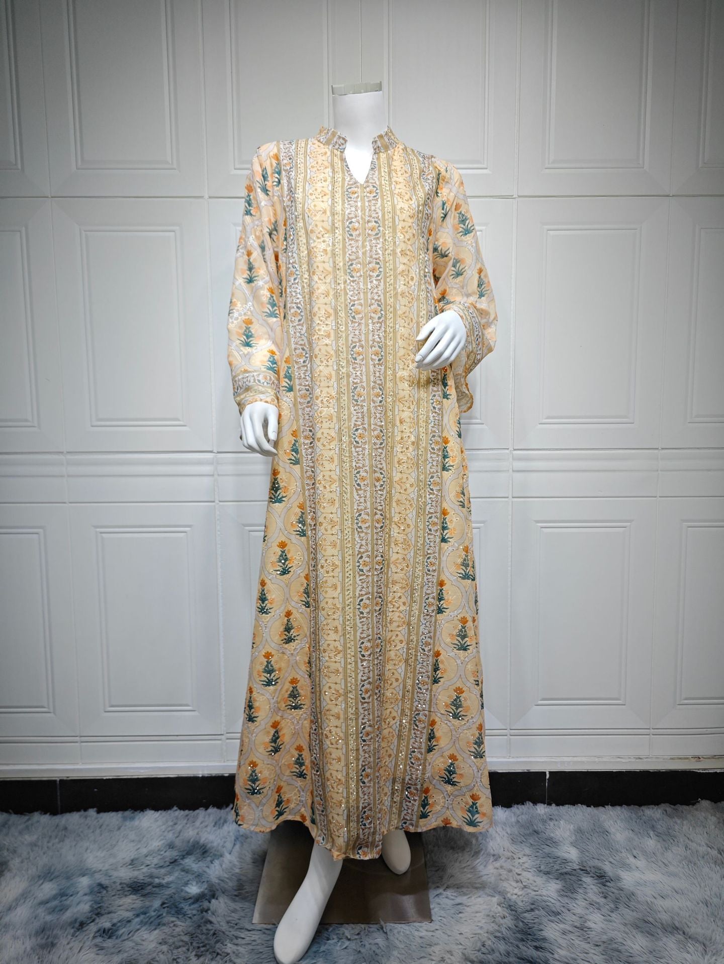 Women Stand Collar V Neck Floral Striped Abaya 3 Colors Vintage Botanical Print Loose Wide Sleeve Maxi Kaftan Lightweight Daily Modest Dress For Ramadan Casual Party