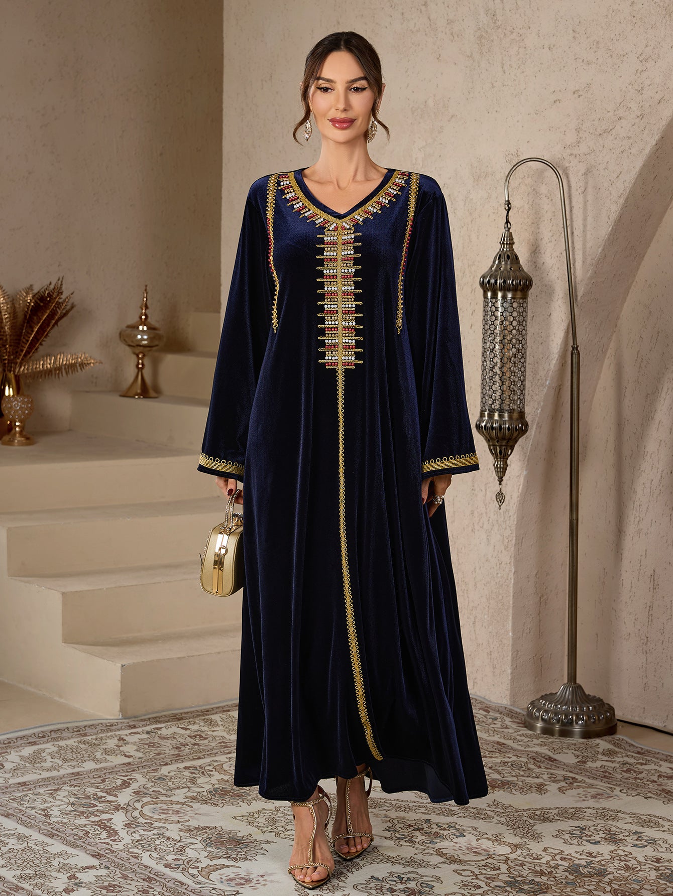 V-Neck Floral Embroidered Kaftan Dress Jalabiya Modest Long Maxi Dress for Muslim Women Eid Ramadan Formal Party S-XXL