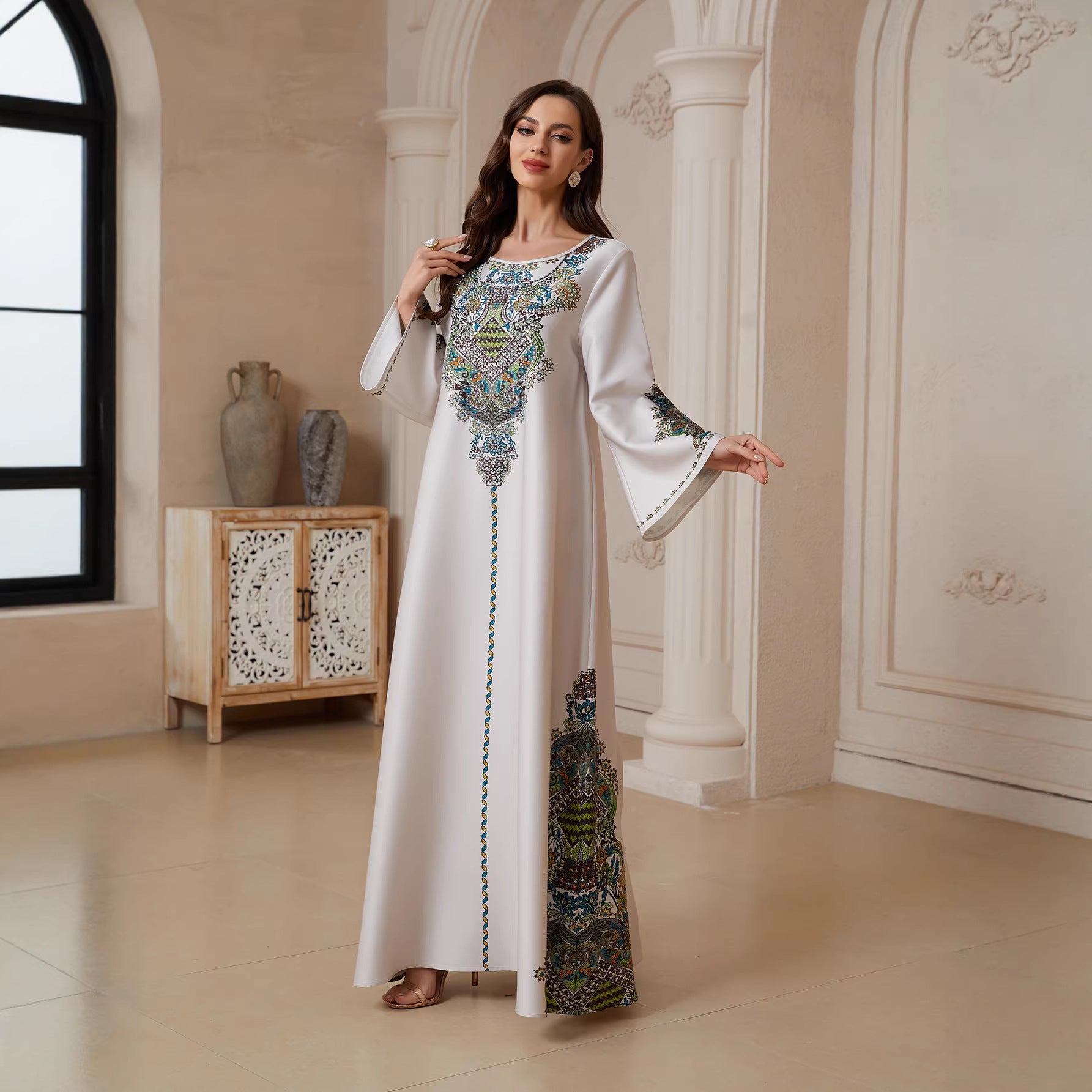 White Satin Muslim Abaya Long Sleeve Ethnic Paisley Print Maxi Dress Modest Islamic Kaftan Gown Free Worldwide Shipping